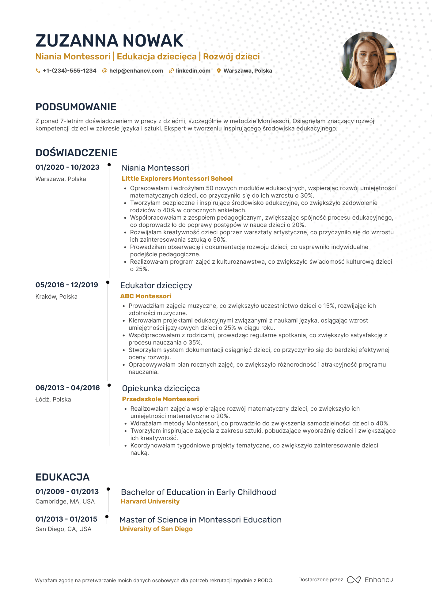 CV dla Niania Montessori Resume Example
