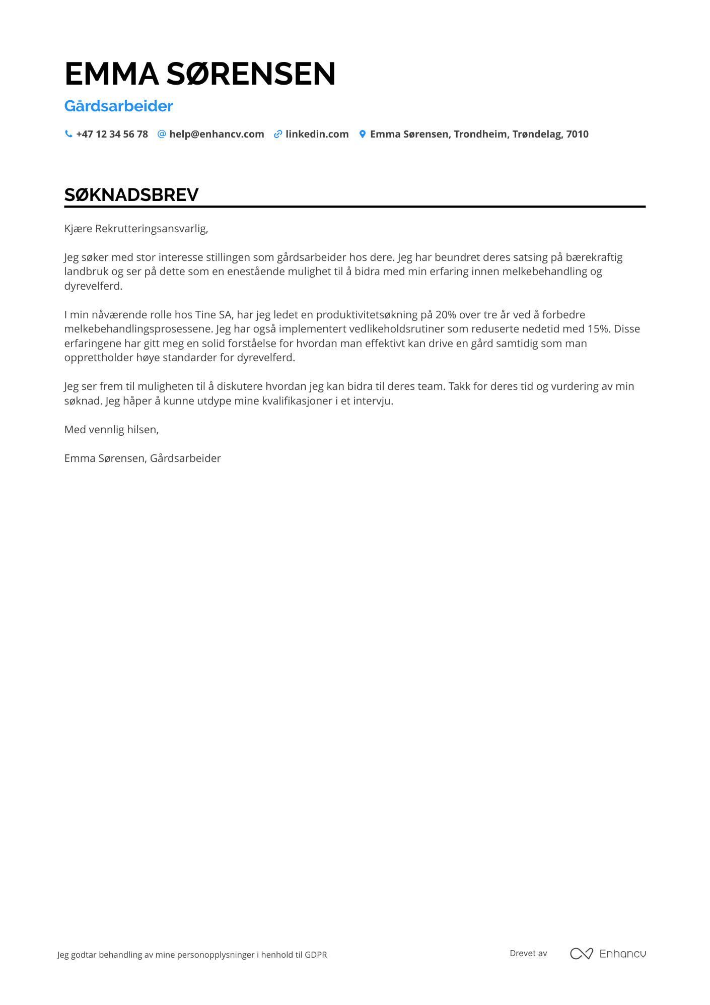 Søknadsbrev for Gårdsarbeider i meieri Resume Example