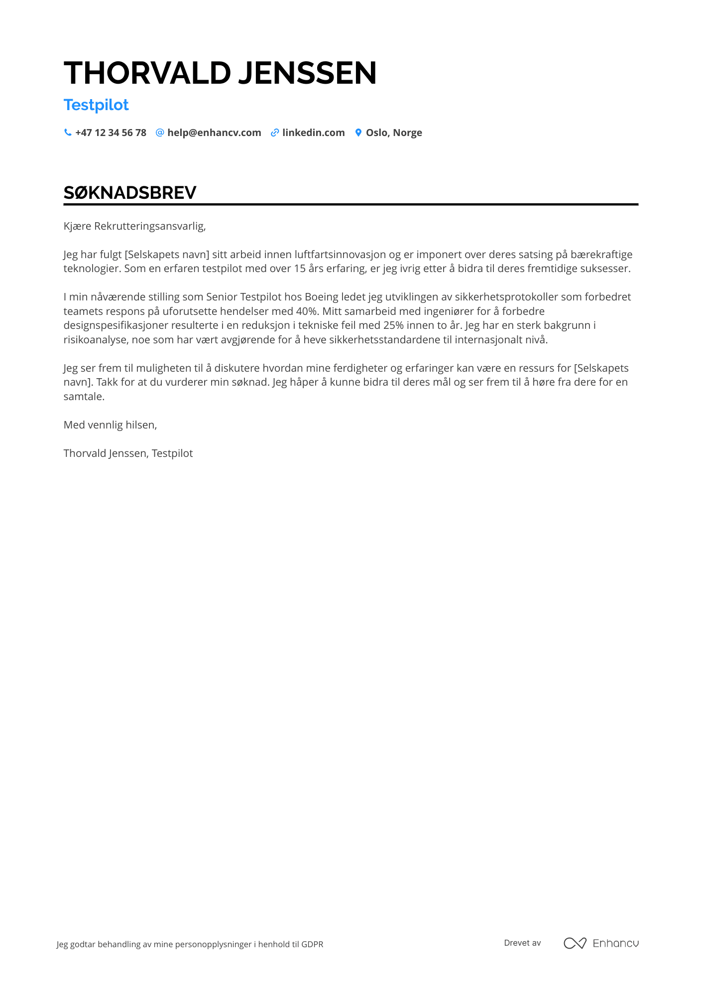 Søknadsbrev for Testpilot Resume Example