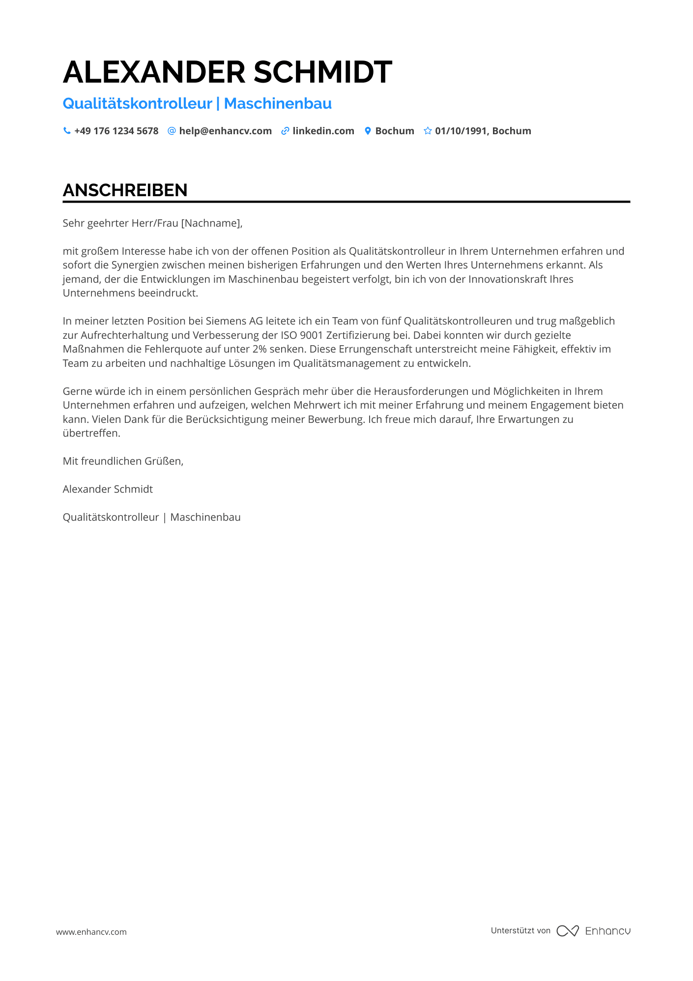 Qualitätskontrolleur im Maschinenbau Resume Example