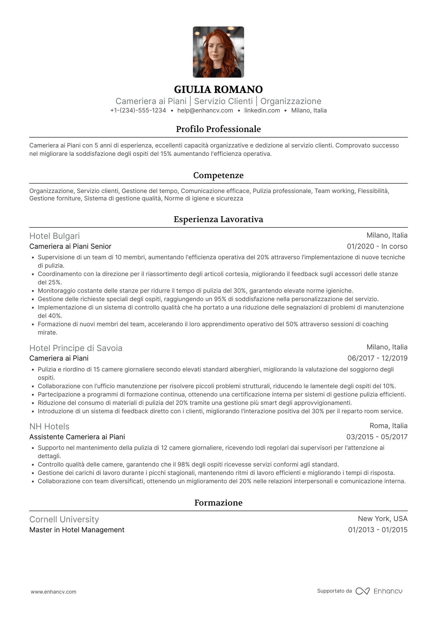 Cameriere ai piani Resume Example