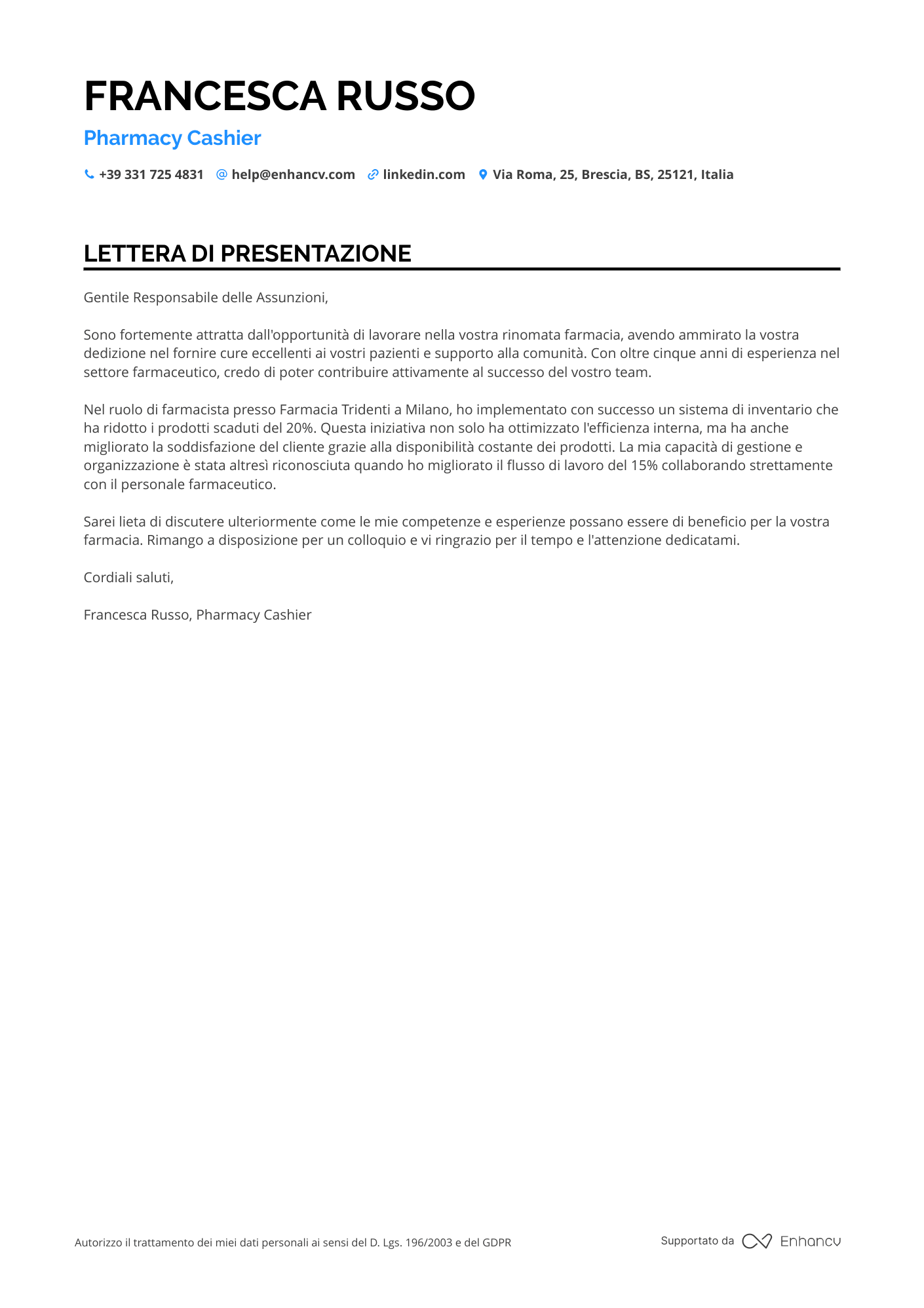 Cassiera di Farmacia Resume Example