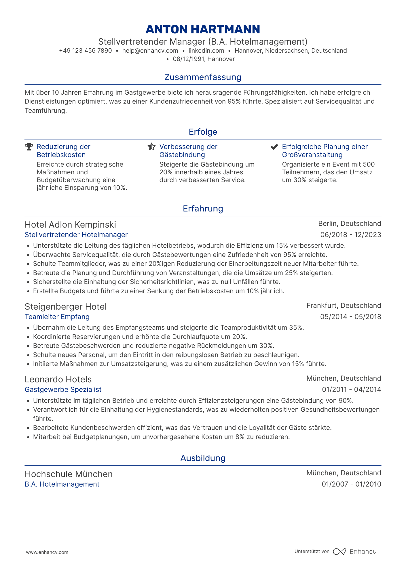 Lebenslauf in Stellvertretender Manager im Gastgewerbe Resume Example