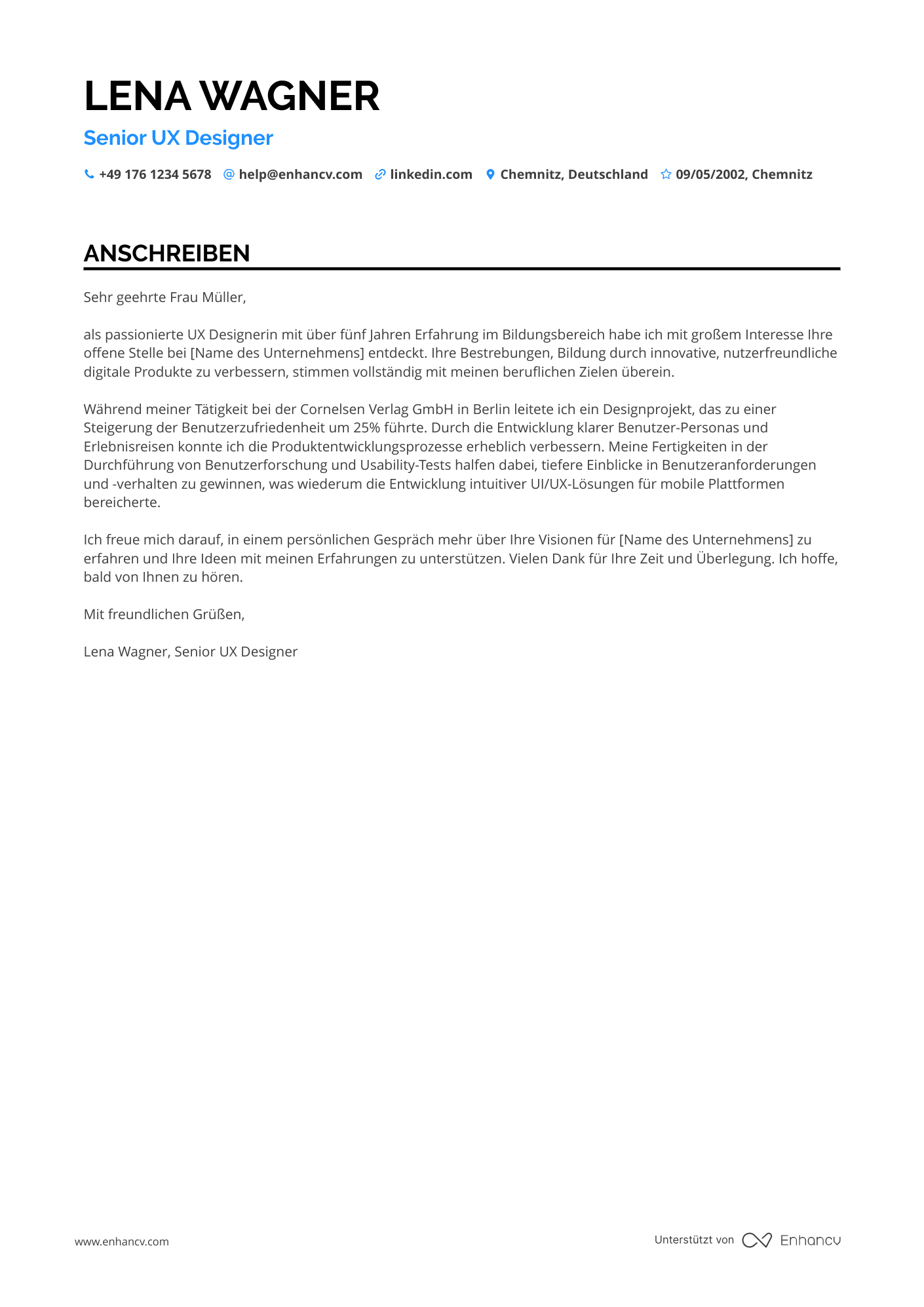 UX Designer für Bildung Resume Example