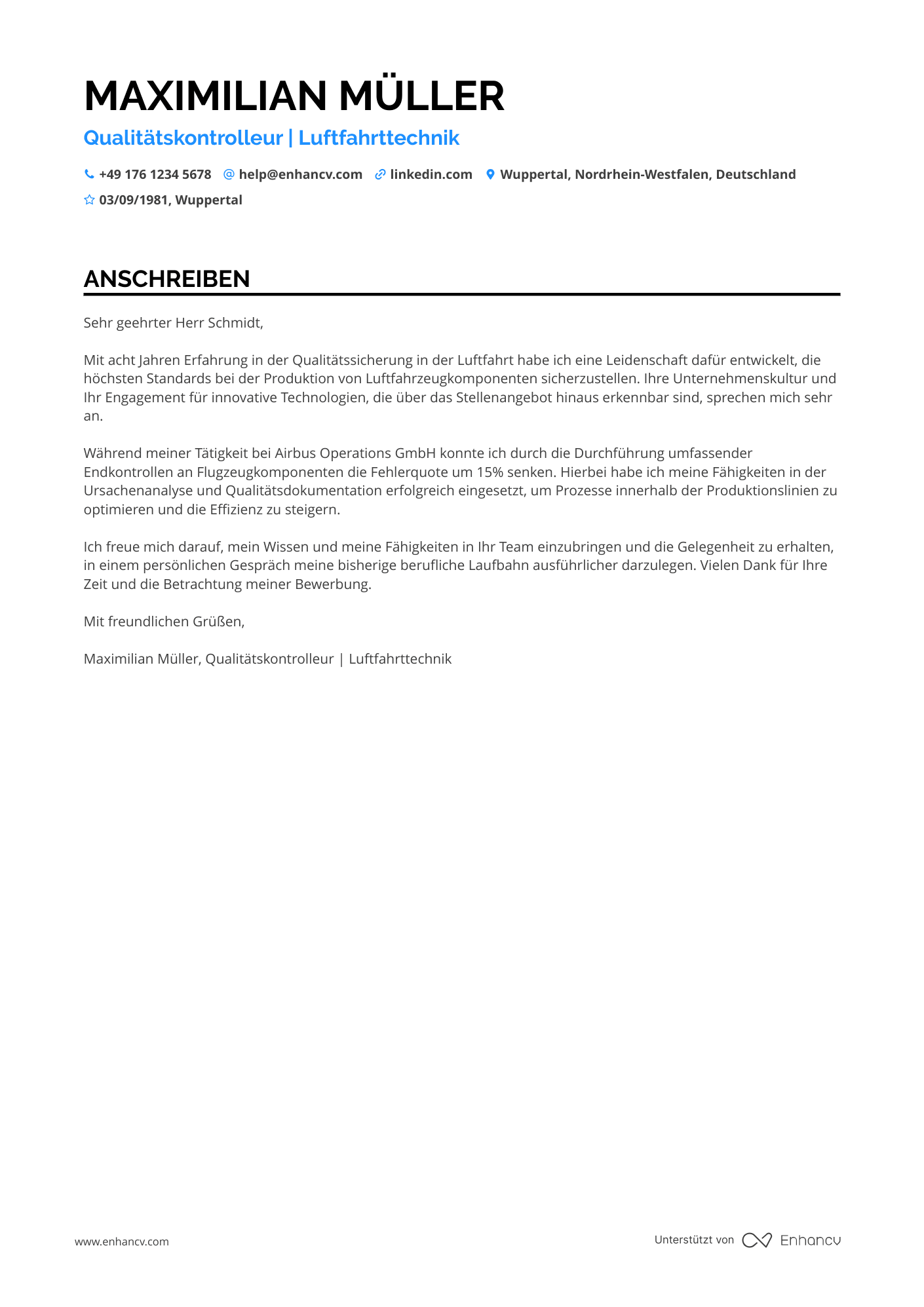 Qualitätskontrolleur in der Luftfahrtindustrie Resume Example