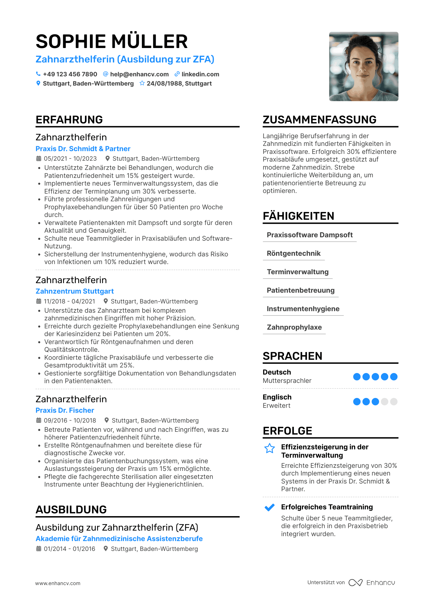 Lebenslauf als Zahnarzthelferin mit Berufserfahrung Resume Example