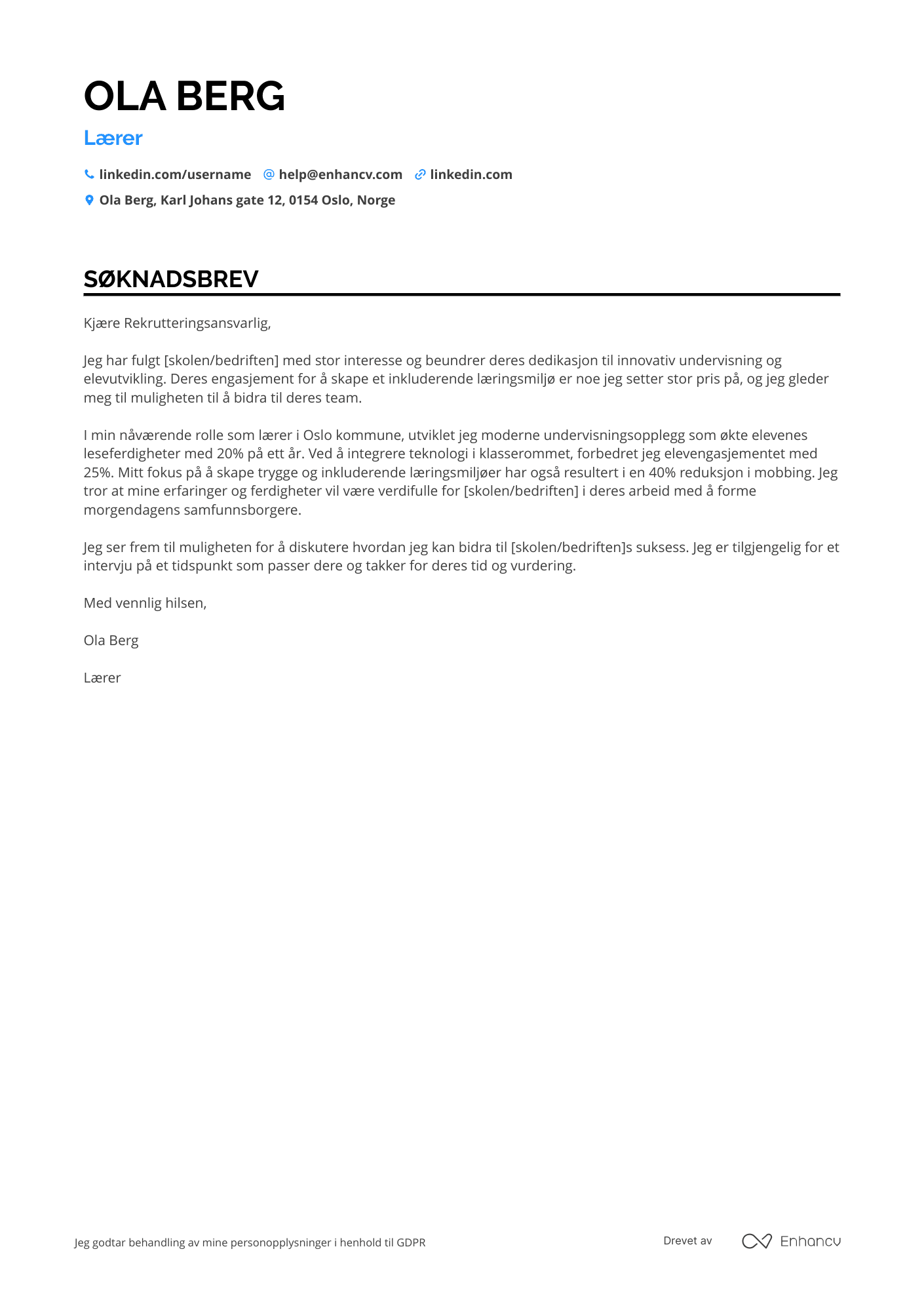 Søknadsbrev for Nyutdannede Lærer Resume Example