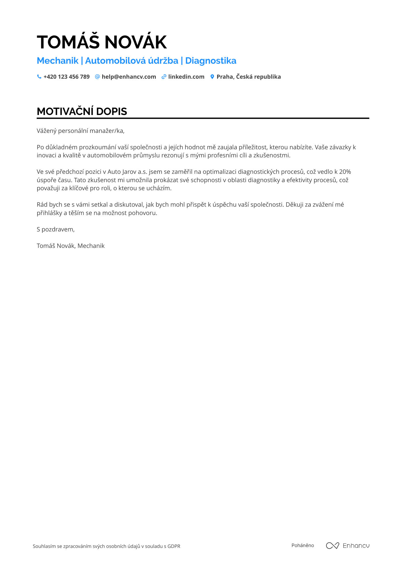 Motivační dopis pro Mechanik pro začátečníky Resume Example