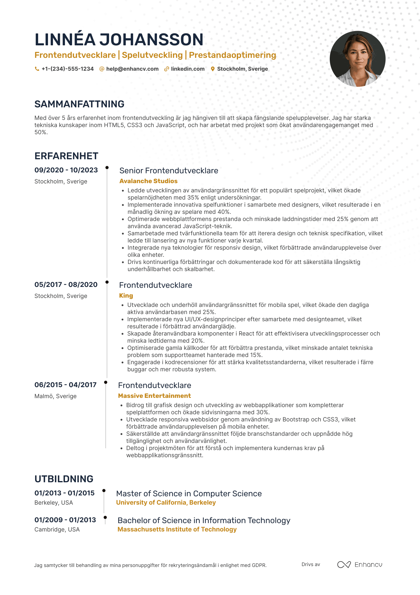 CV för Frontendutvecklare för spelutveckling Resume Example