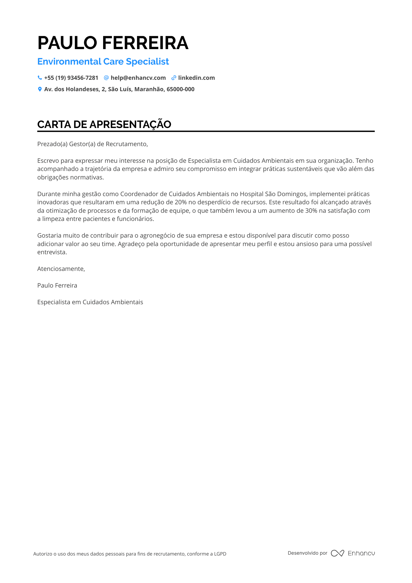 Zelador de Hospitais Resume Example