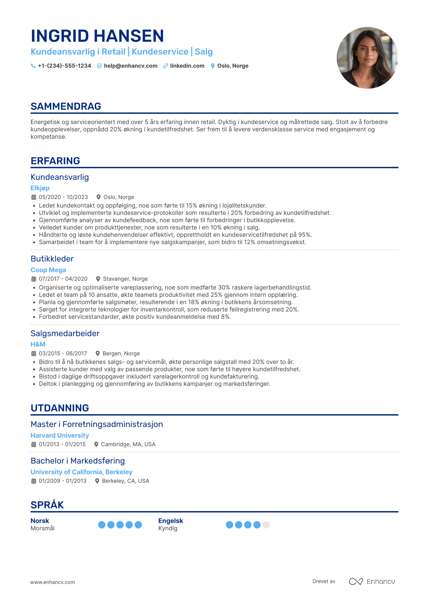 CV for Kundeansvarlig i Retail Resume Example
