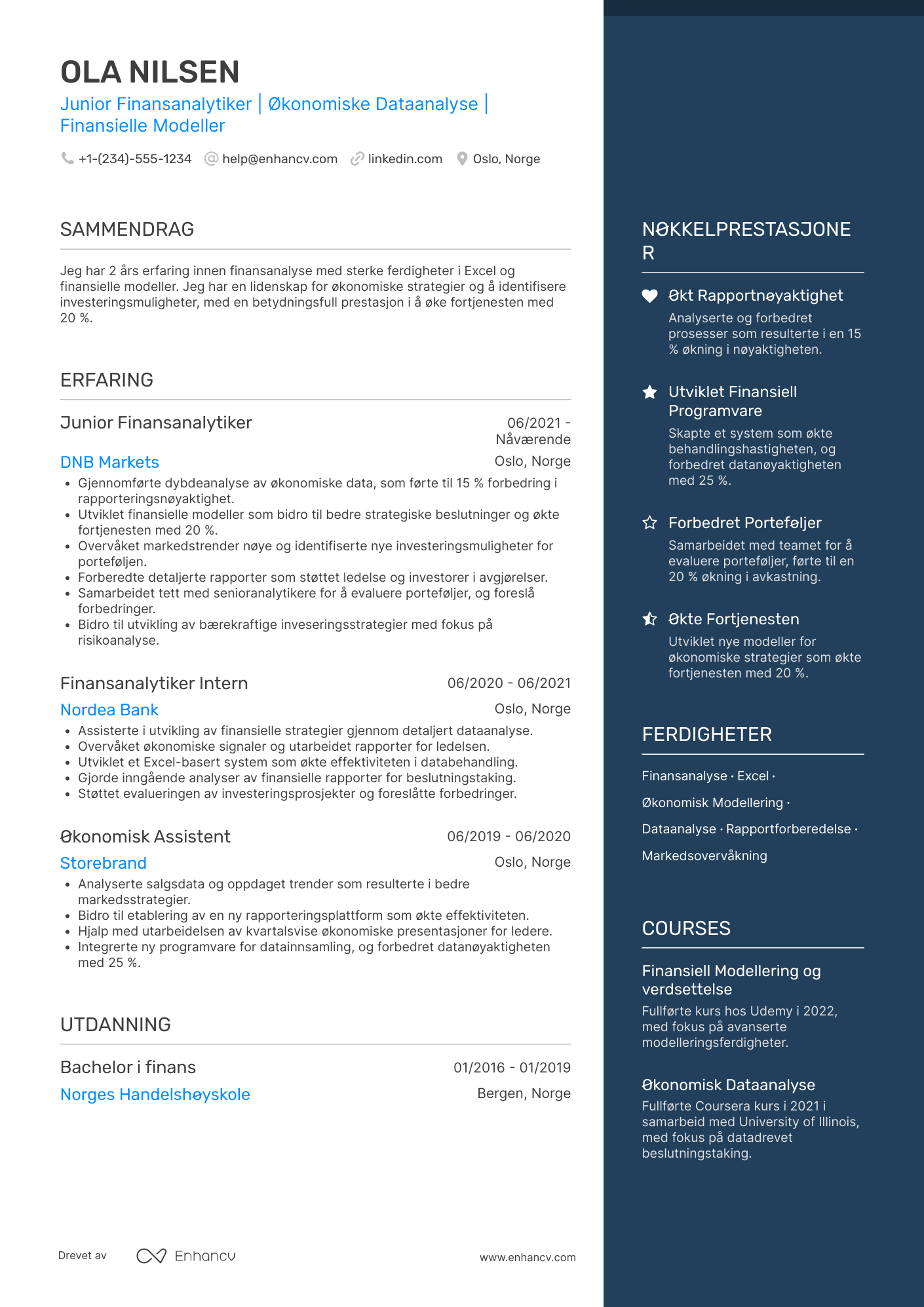 CV for Junior Finansanalytiker Resume Example