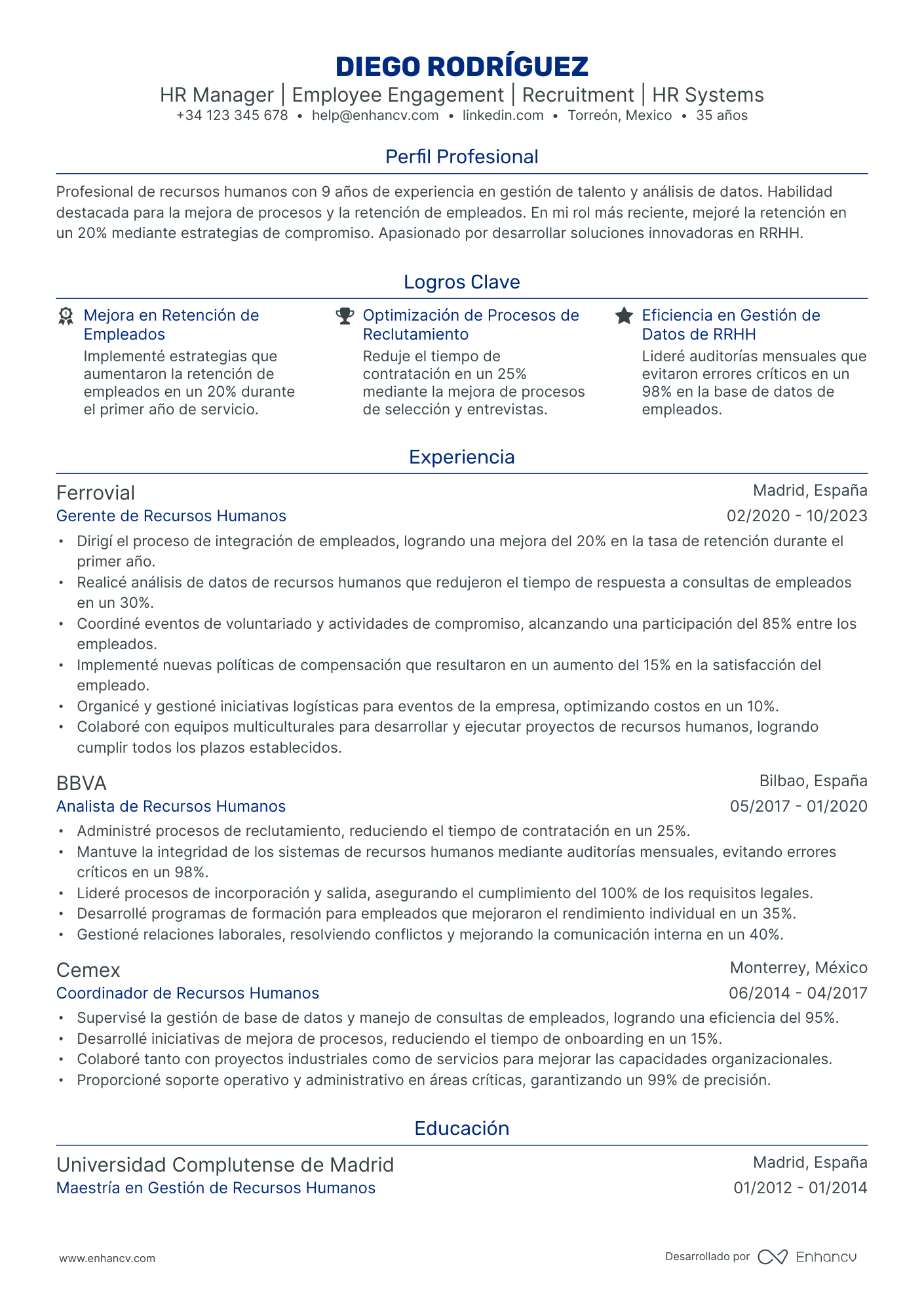 Analista de Recursos Humanos Resume Example