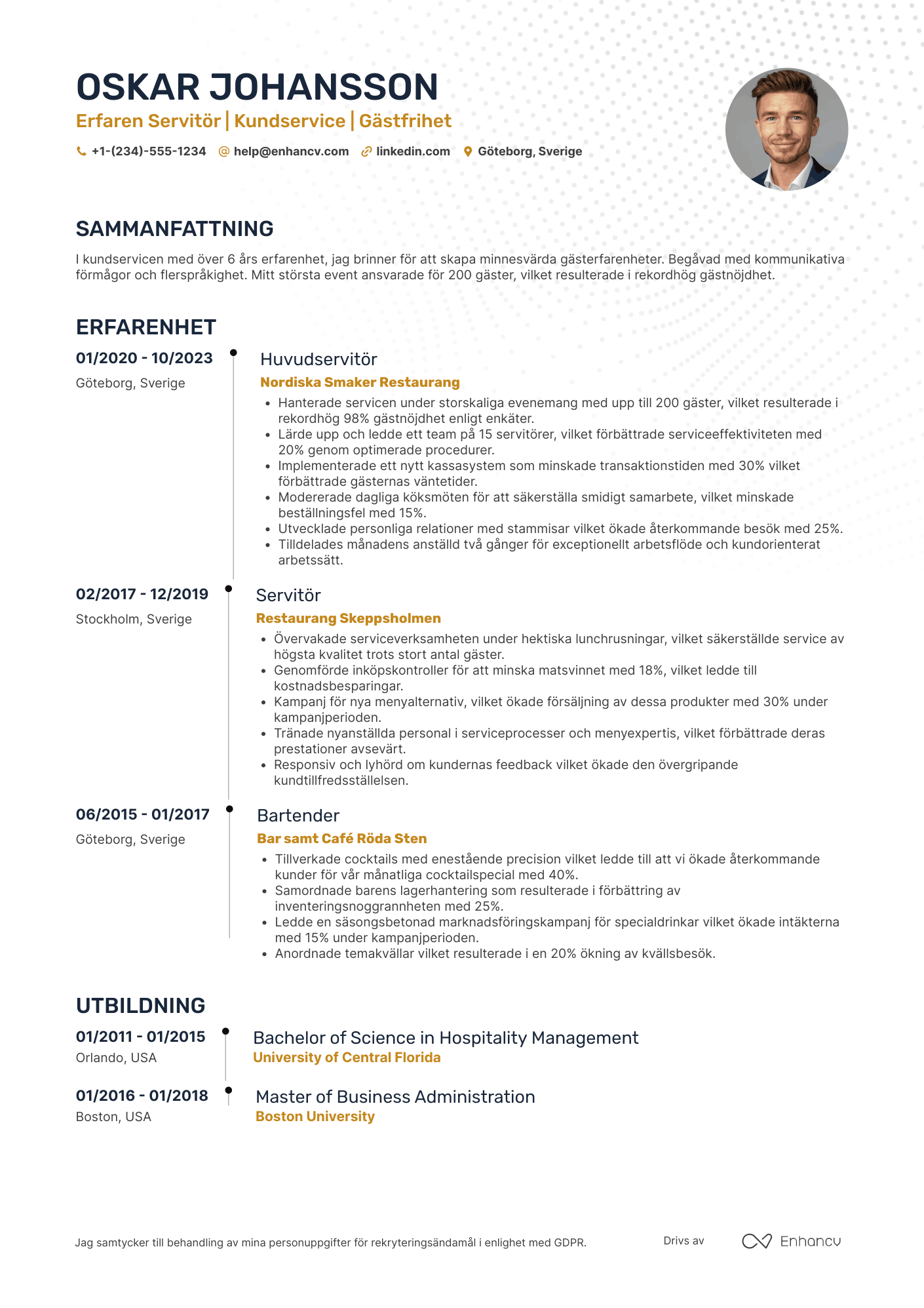 CV för Service Servitris Resume Example