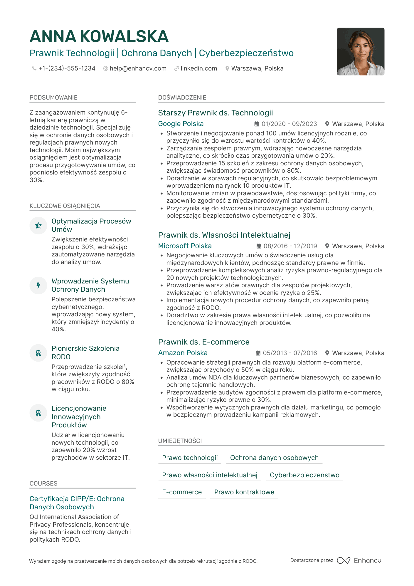 CV dla Prawnik w dziedzinie Technologii Resume Example