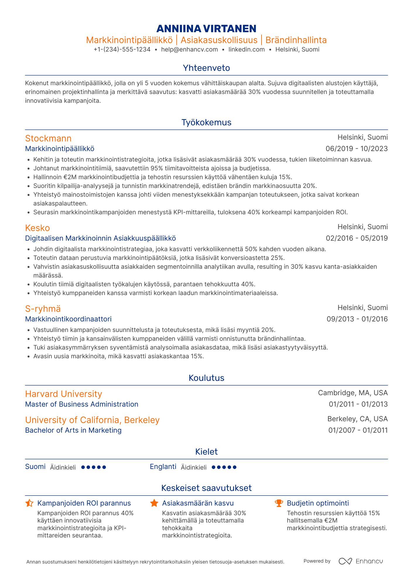 Ansioluettelo Vähittäiskaupan Markkinointipäällikkö Resume Example