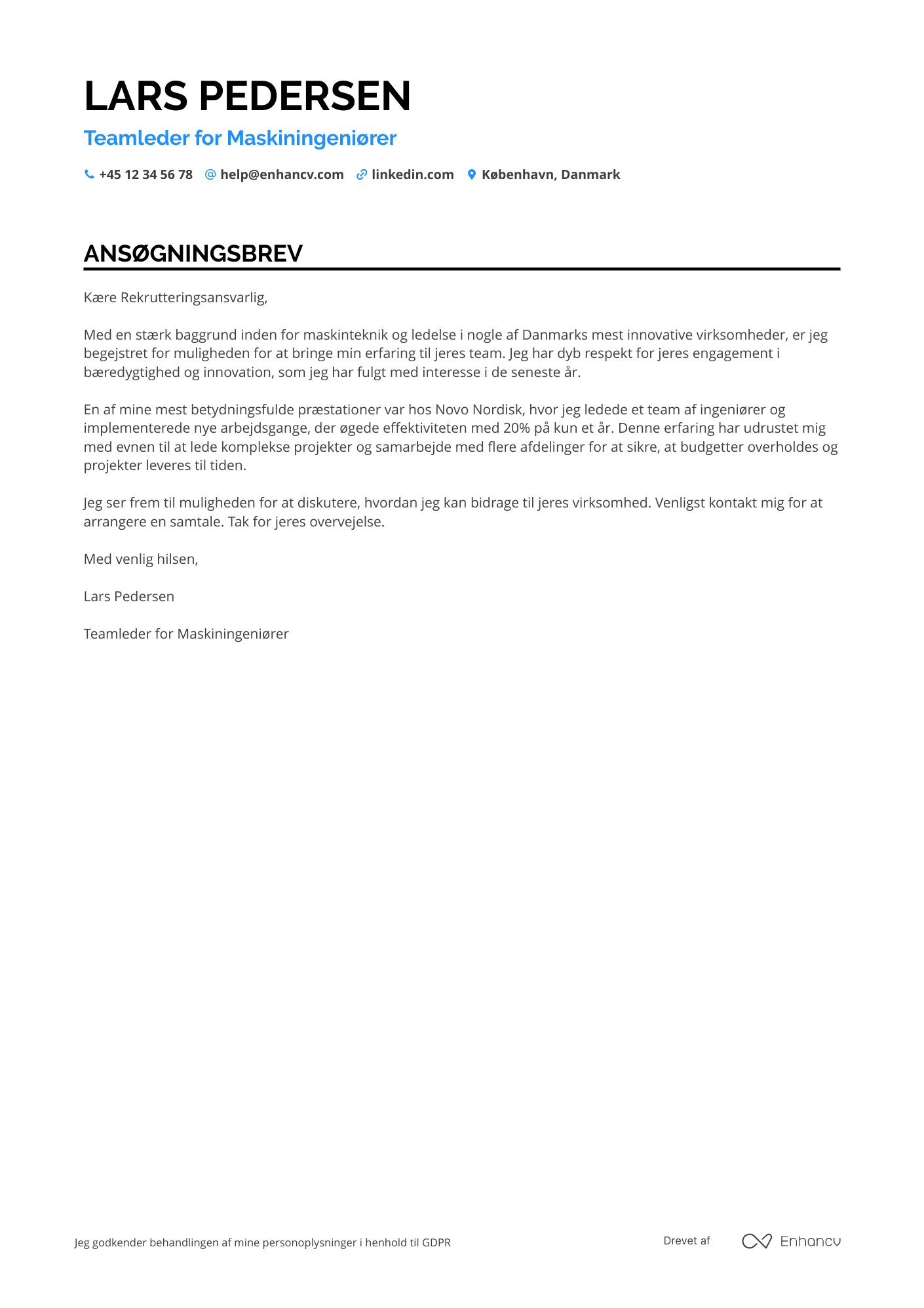 Ansøgningsbrev til Teamleder for maskiningeniører Resume Example