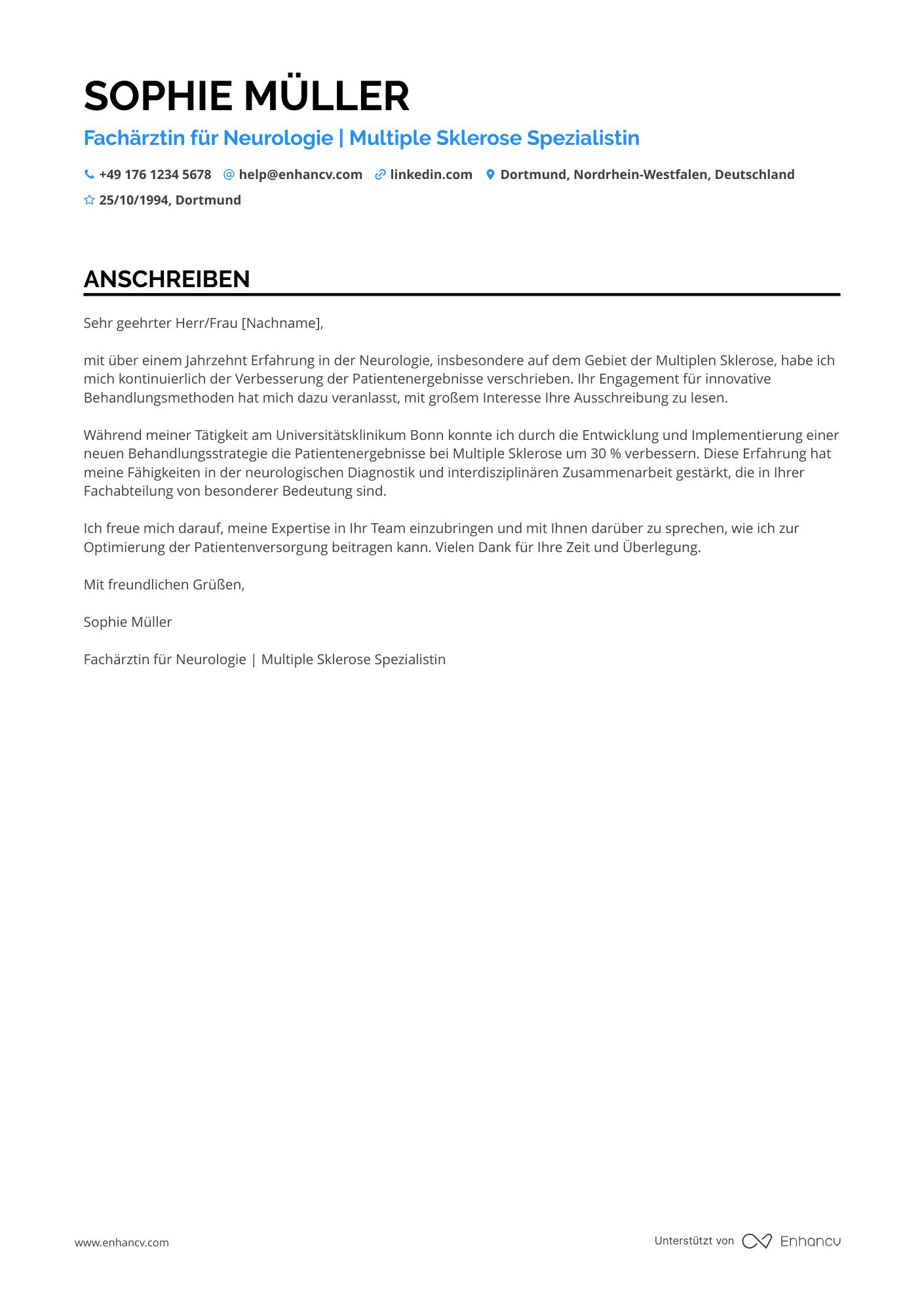 Arzt für Neurologie Resume Example