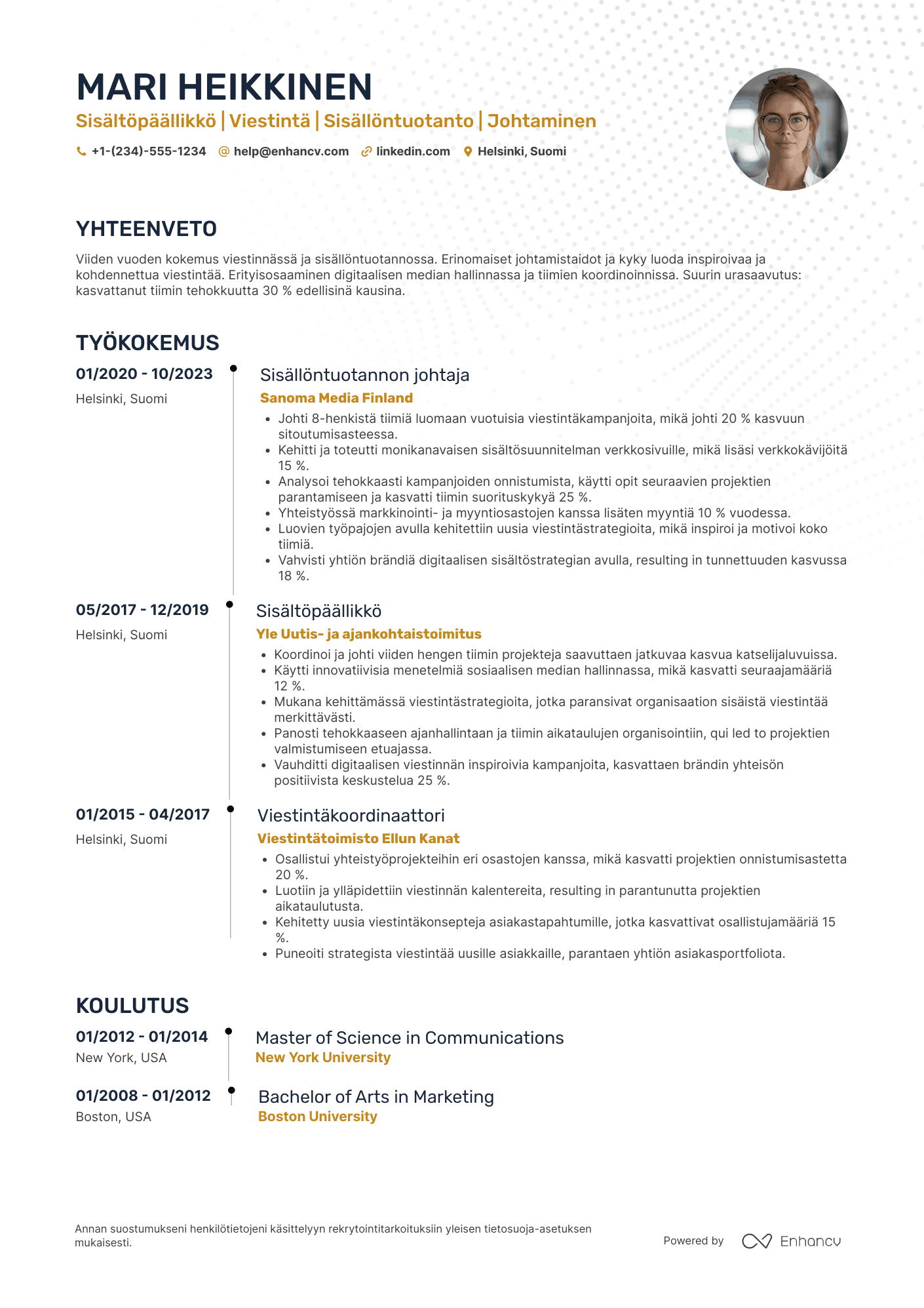 Ansioluettelo Sisältöpäällikkö viestintä Resume Example
