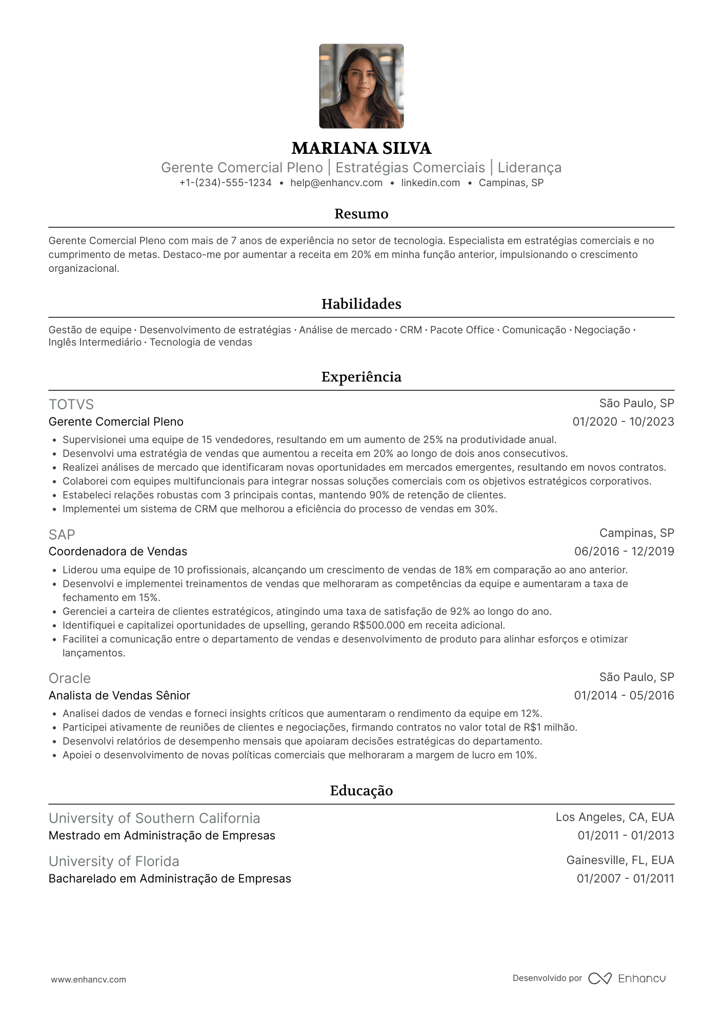 Currículo gerente comercial pleno Resume Example