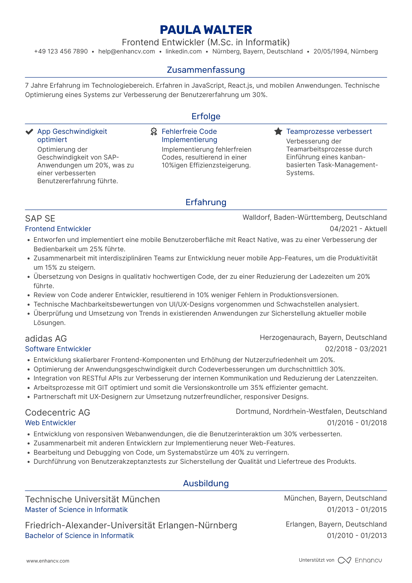 Lebenslauf als Frontend Entwickler für Mobile Anwendungen Resume Example