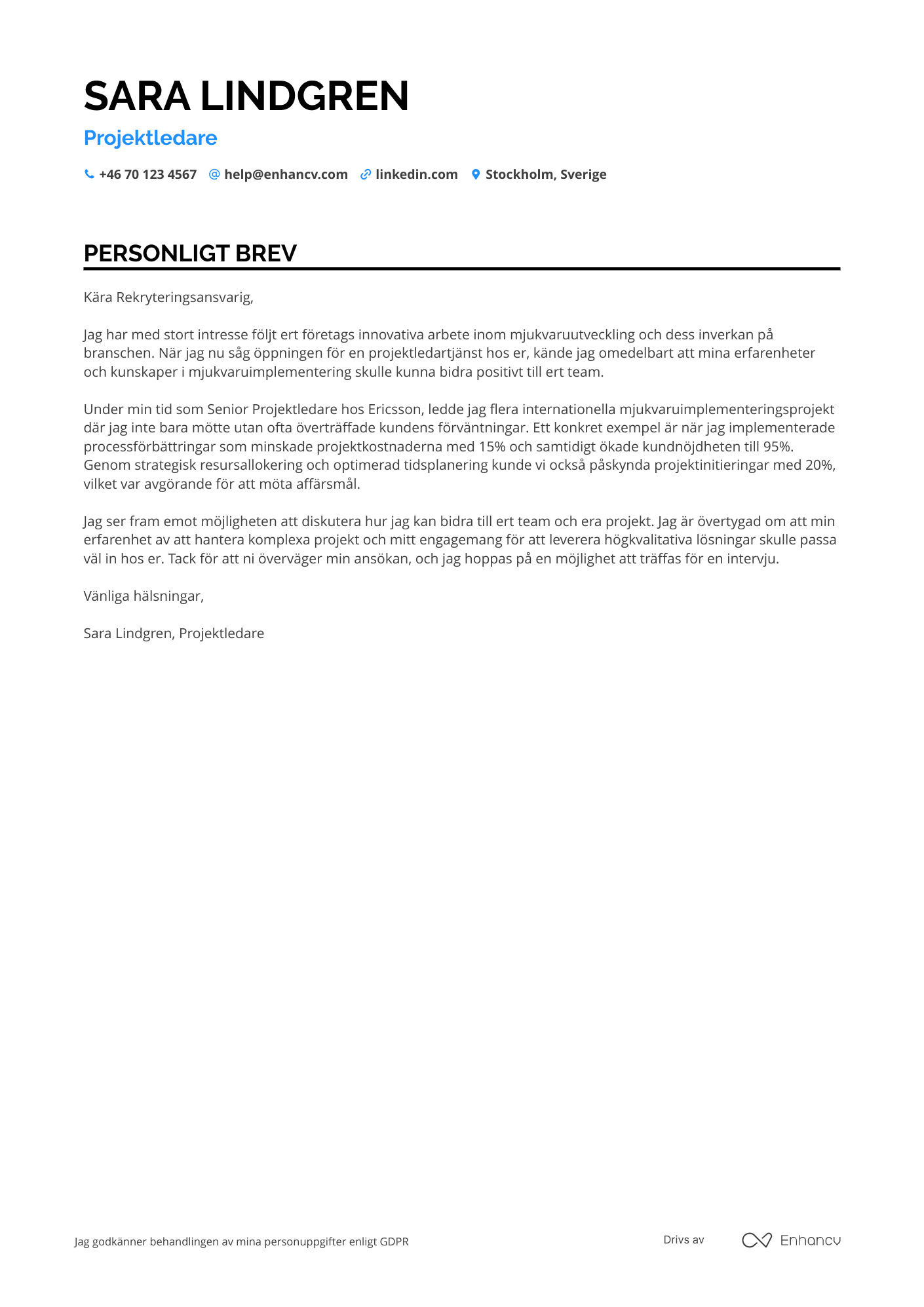 Personligt brev för Projektledare för software implementation Resume Example
