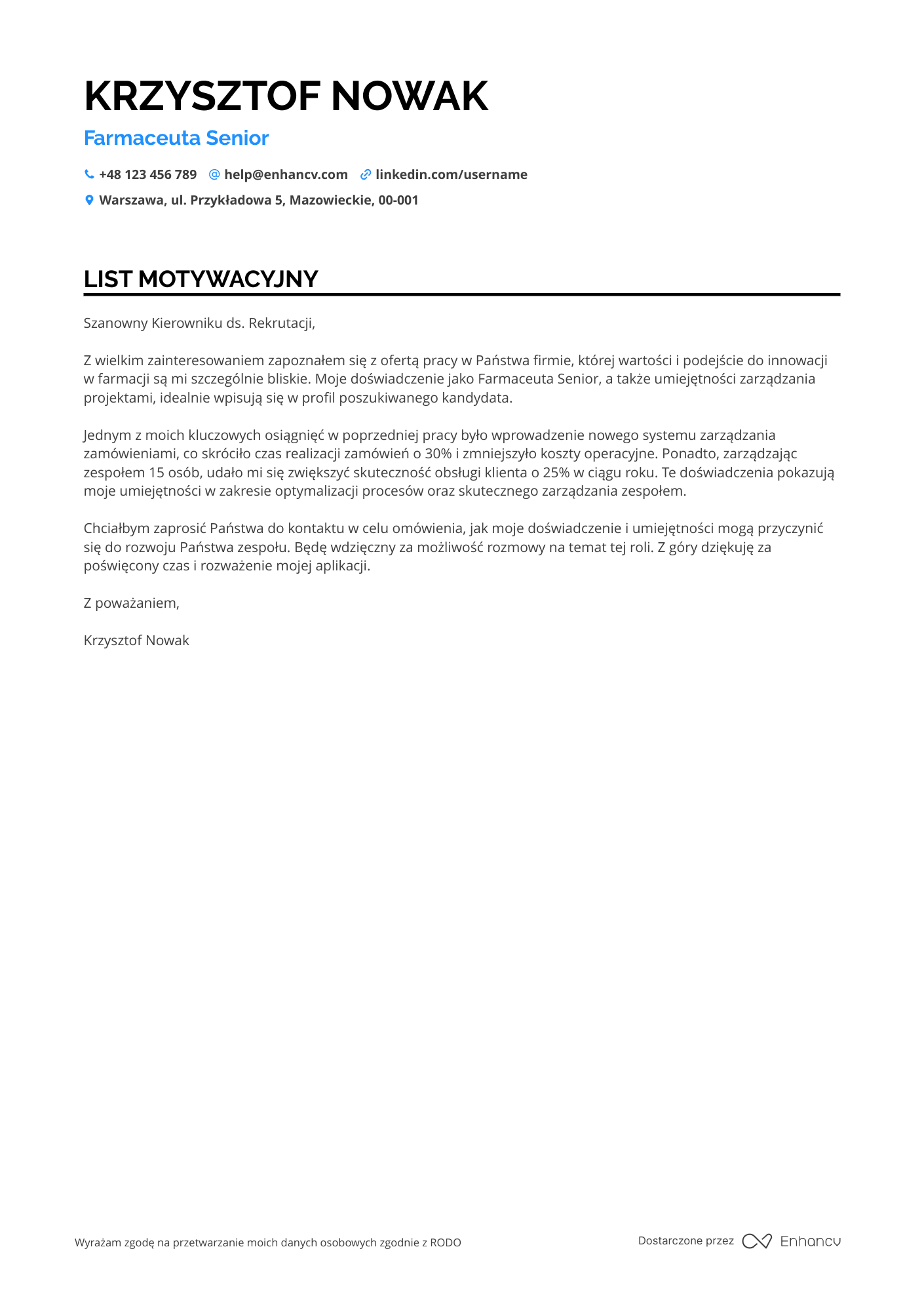 List motywacyjny dla Farmaceuta Senior Resume Example