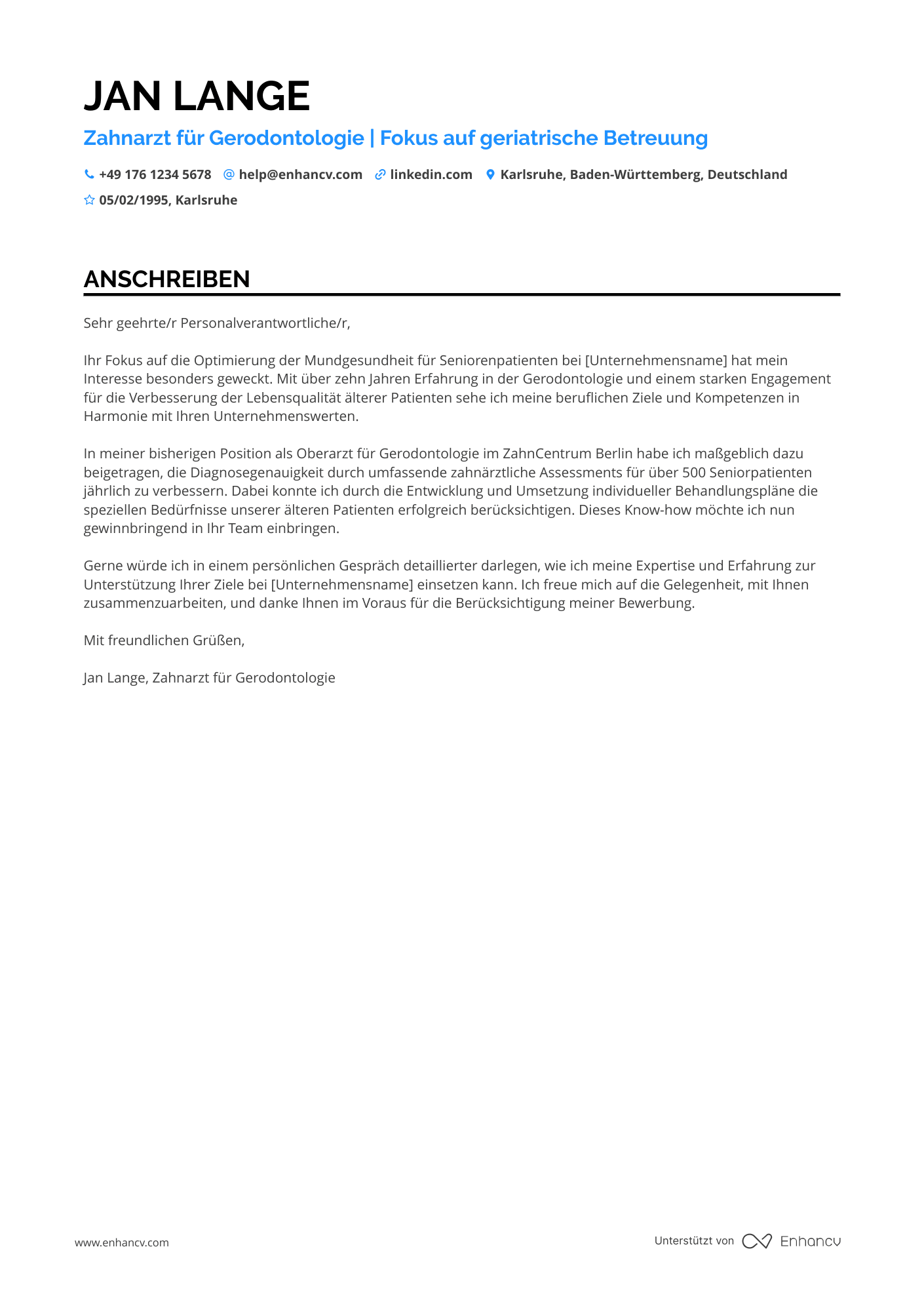 Zahnarzt für Gerodontologie Resume Example