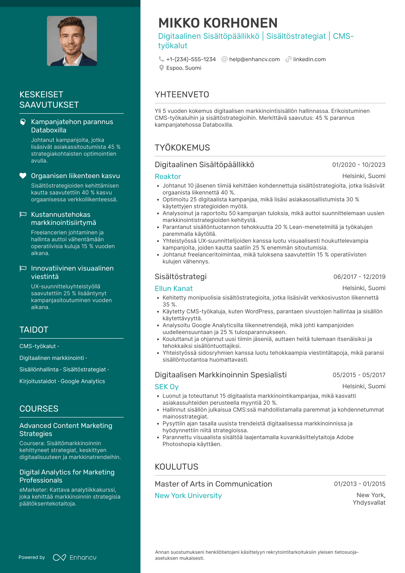 Ansioluettelo Digitaalinen Sisältöpäällikkö Resume Example