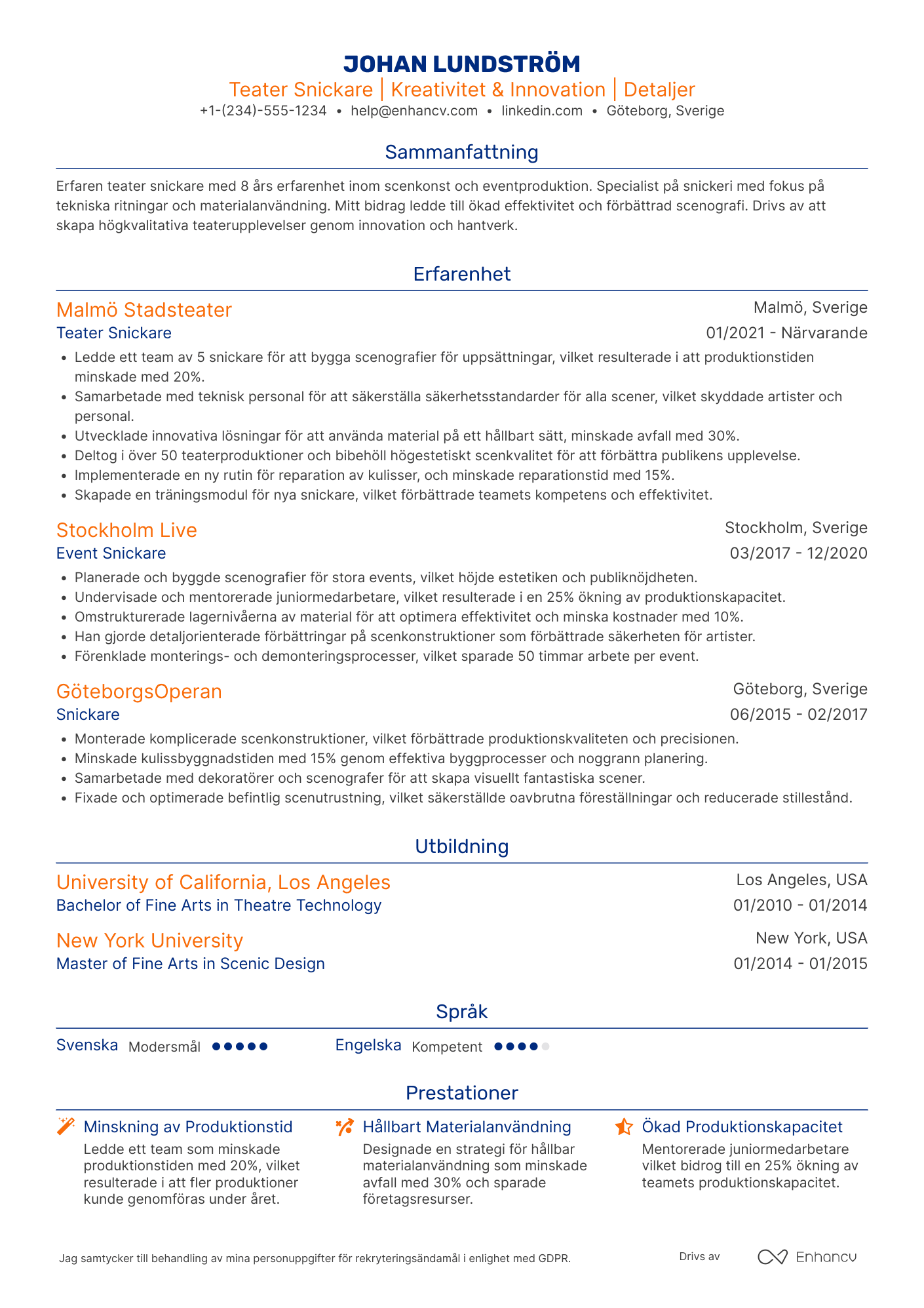 CV för Teater Snickare Resume Example