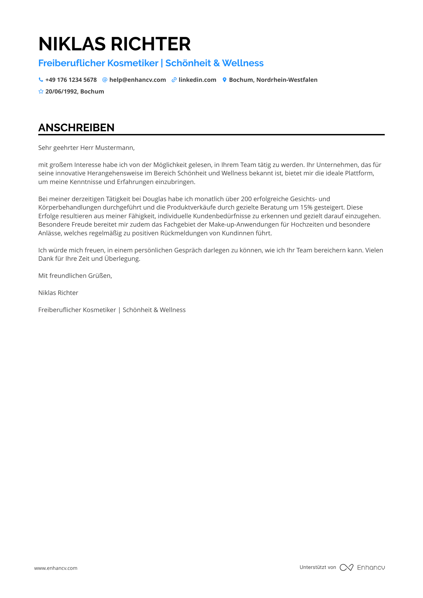 Freiberufliche Kosmetikerin Resume Example