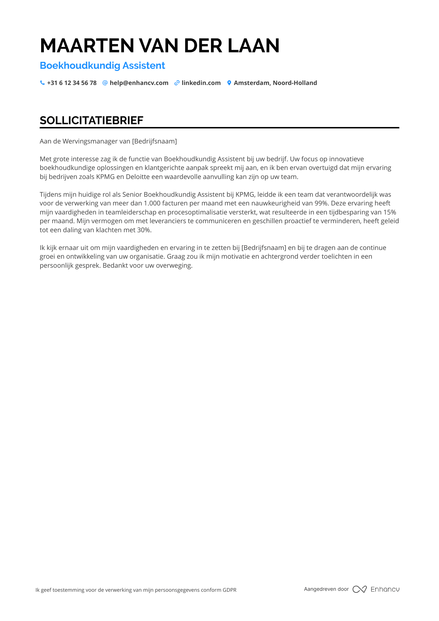 Sollicitatiebrief voor Boekhoudkundig Assistent Crediteurenadministratie Resume Example