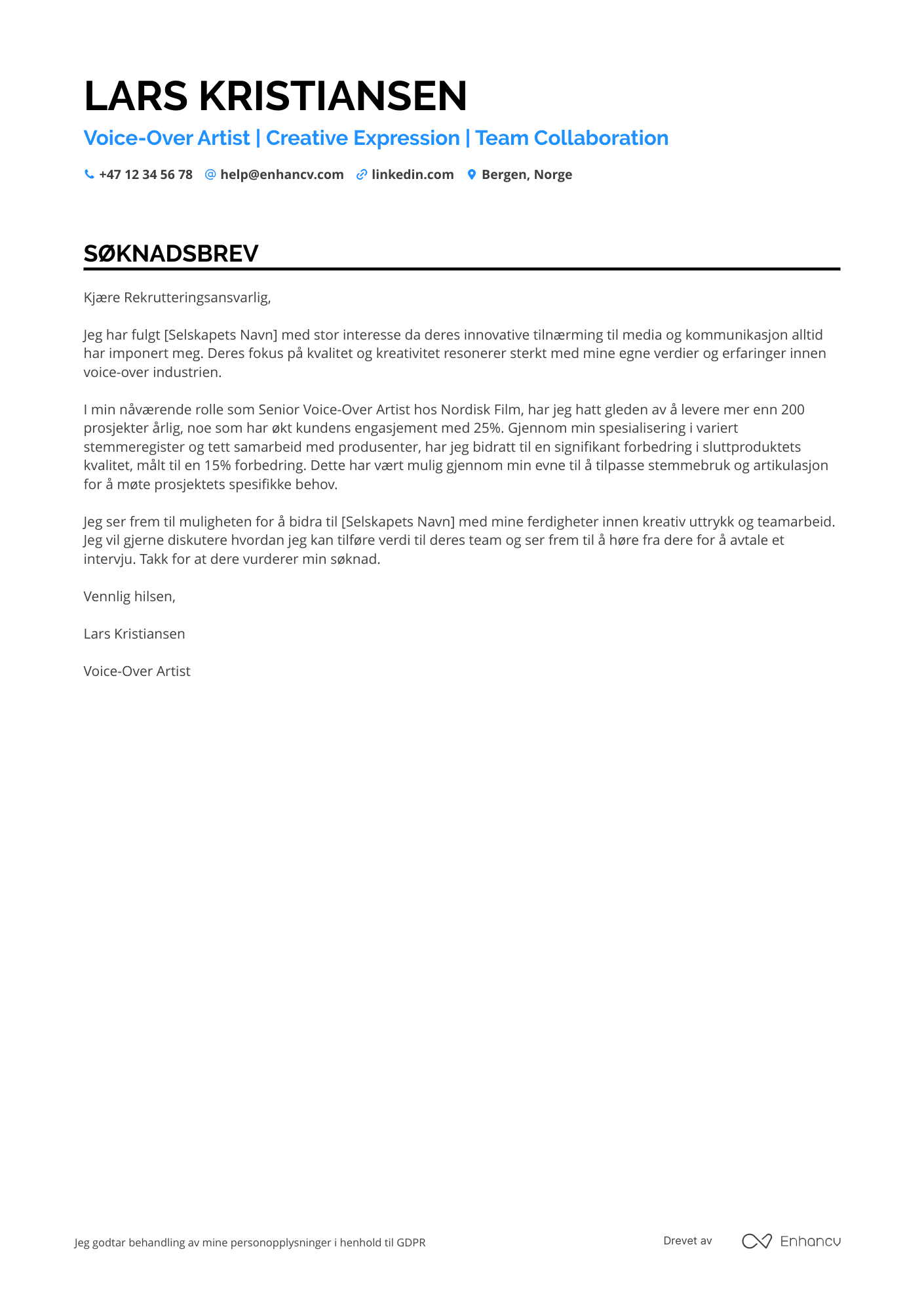 Søknadsbrev for Voice over skuespiller Resume Example