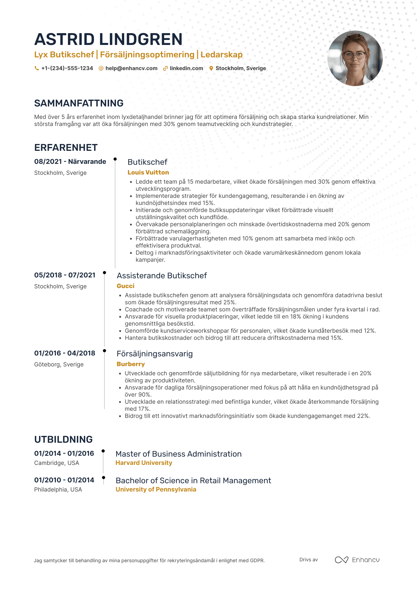 CV för Lyx Butikschef Resume Example