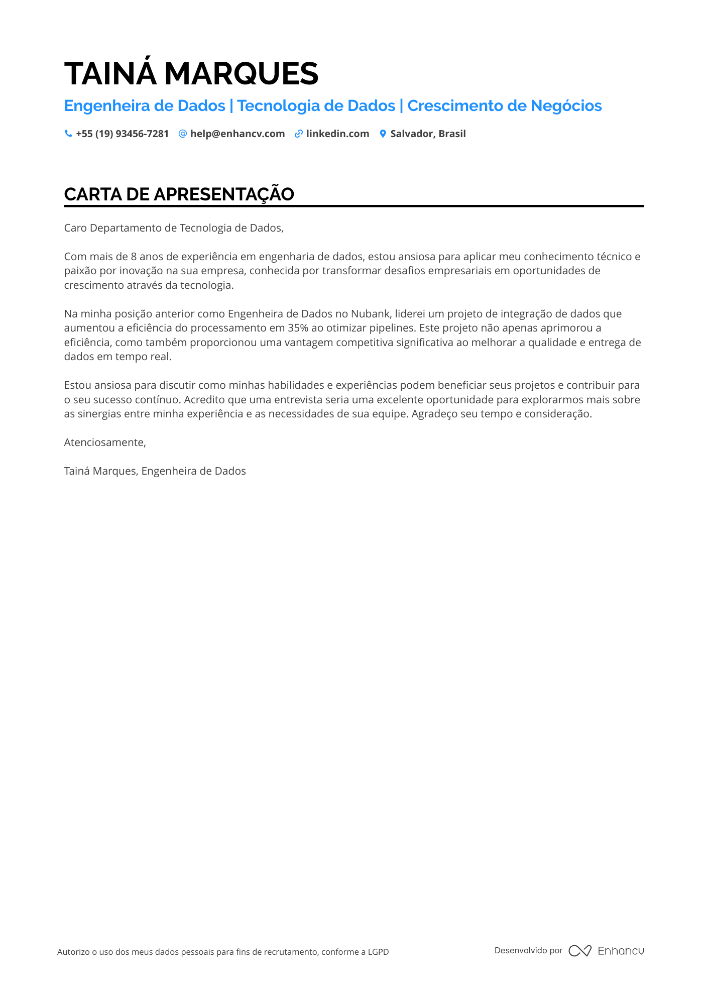 Engenheiro de dados Sem experiência Resume Example
