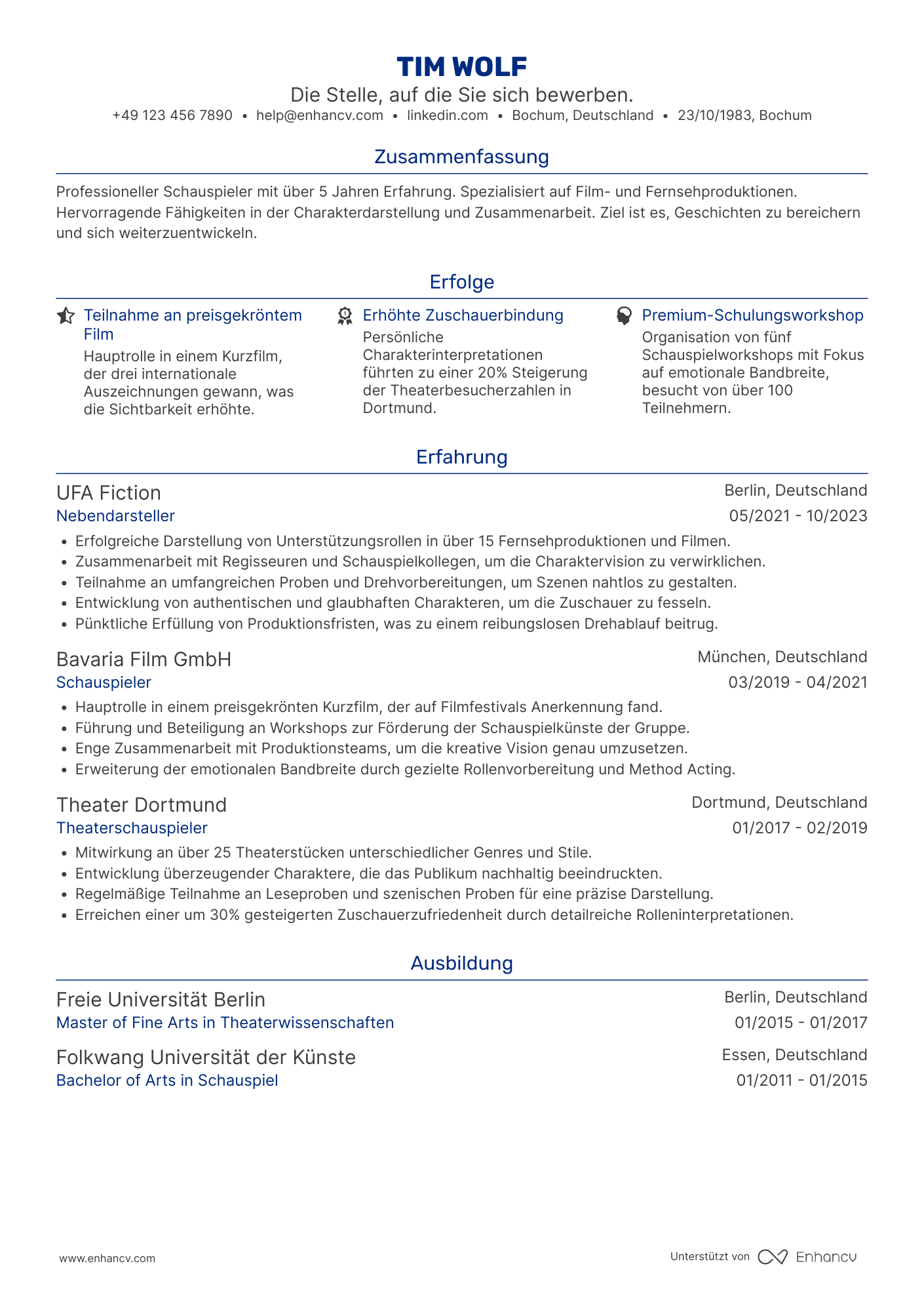Lebenslauf als Nebendarsteller Schauspieler Resume Example