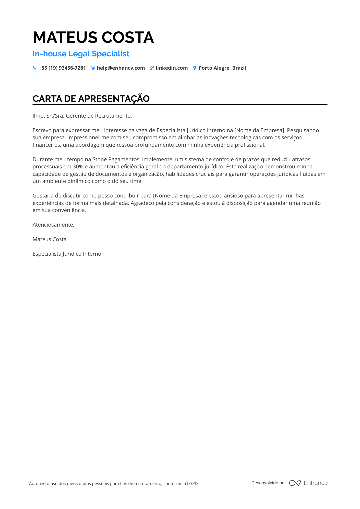 Assistente Jurídico de Direito Empresarial Resume Example