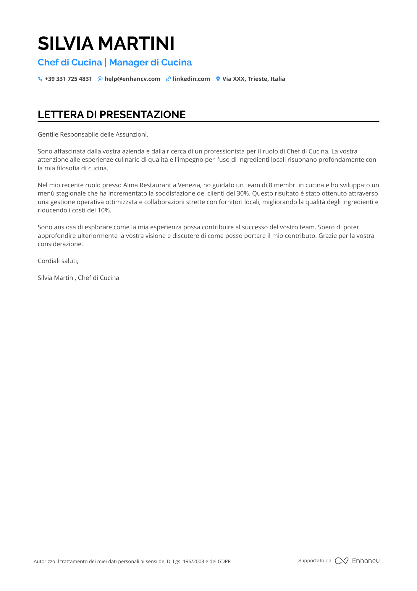 Chef di Cucina Resume Example