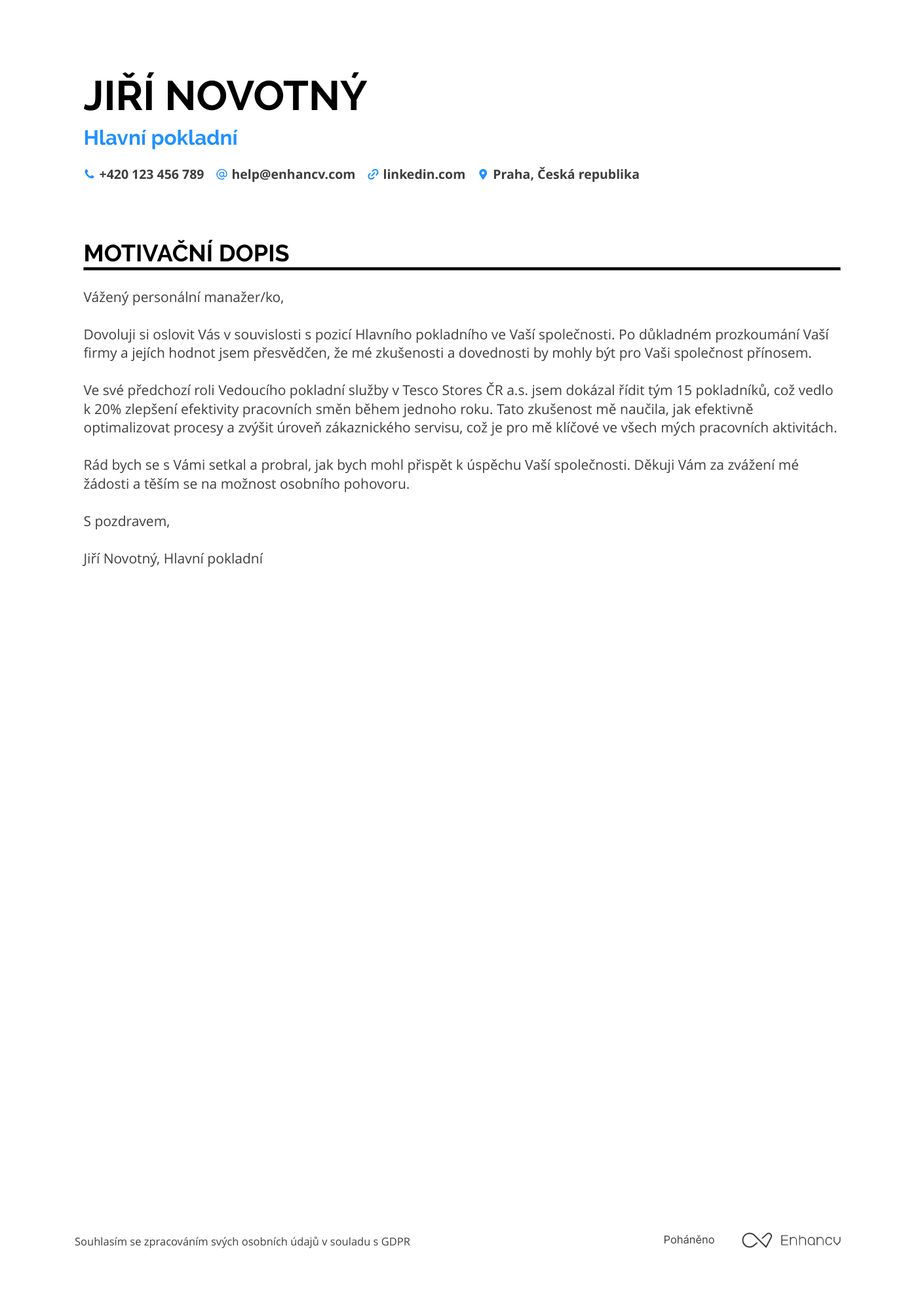Motivační dopis pro Hlavní pokladní Resume Example