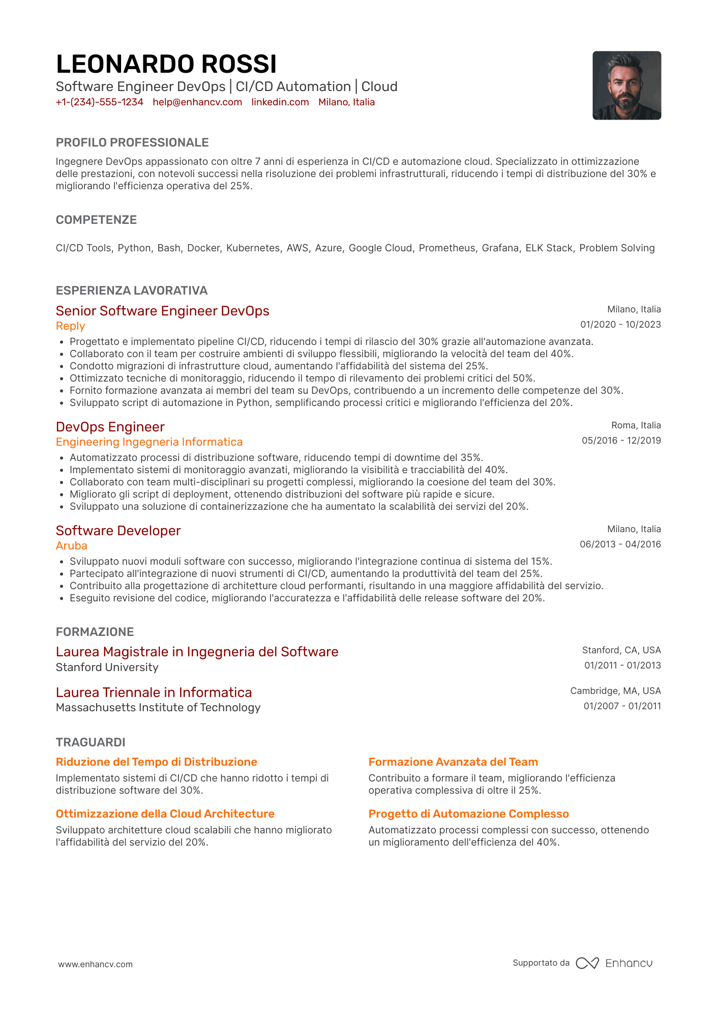 Esempio di CV software engineer DevOps Resume Example