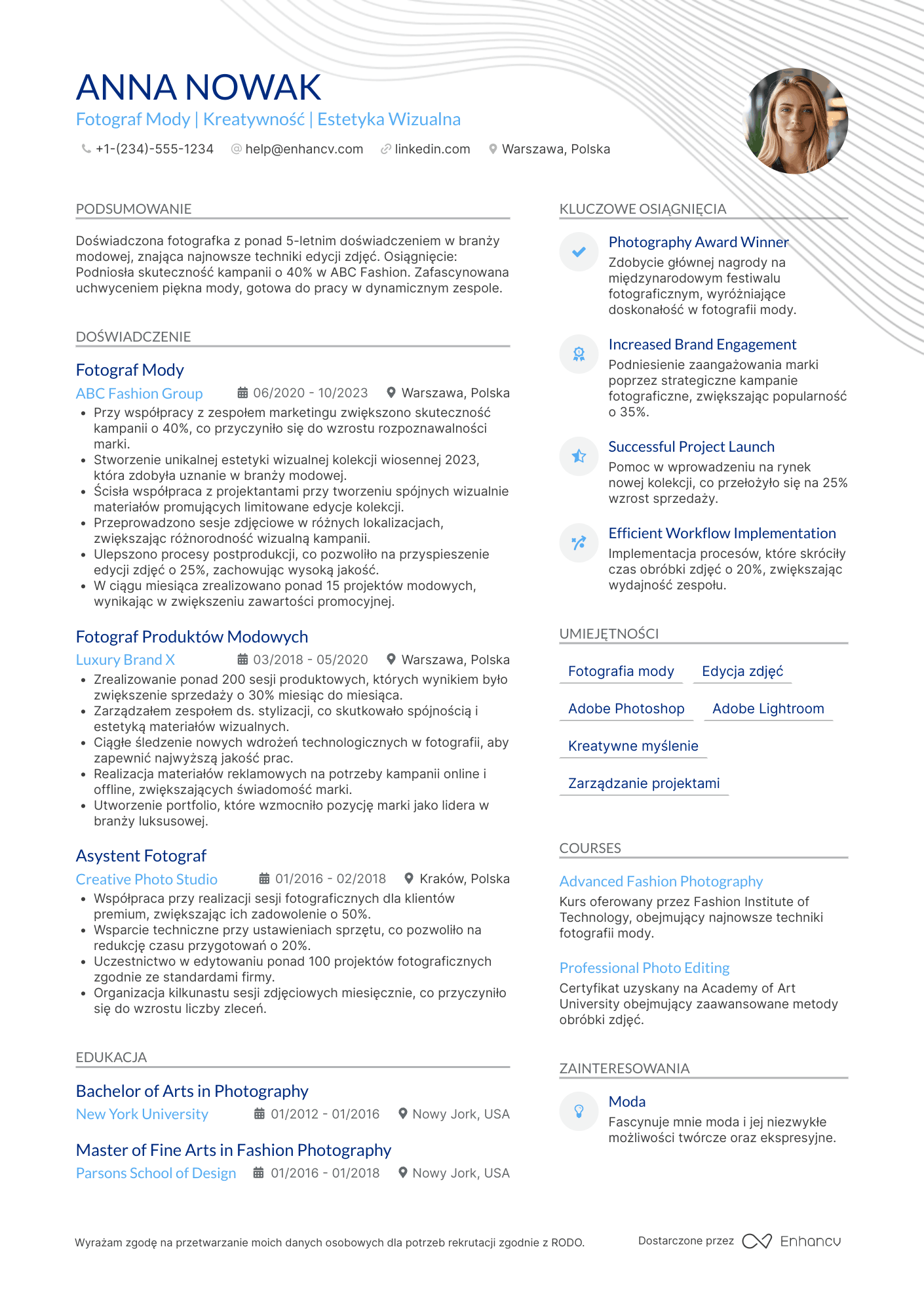 CV dla Fotograf mody Resume Example