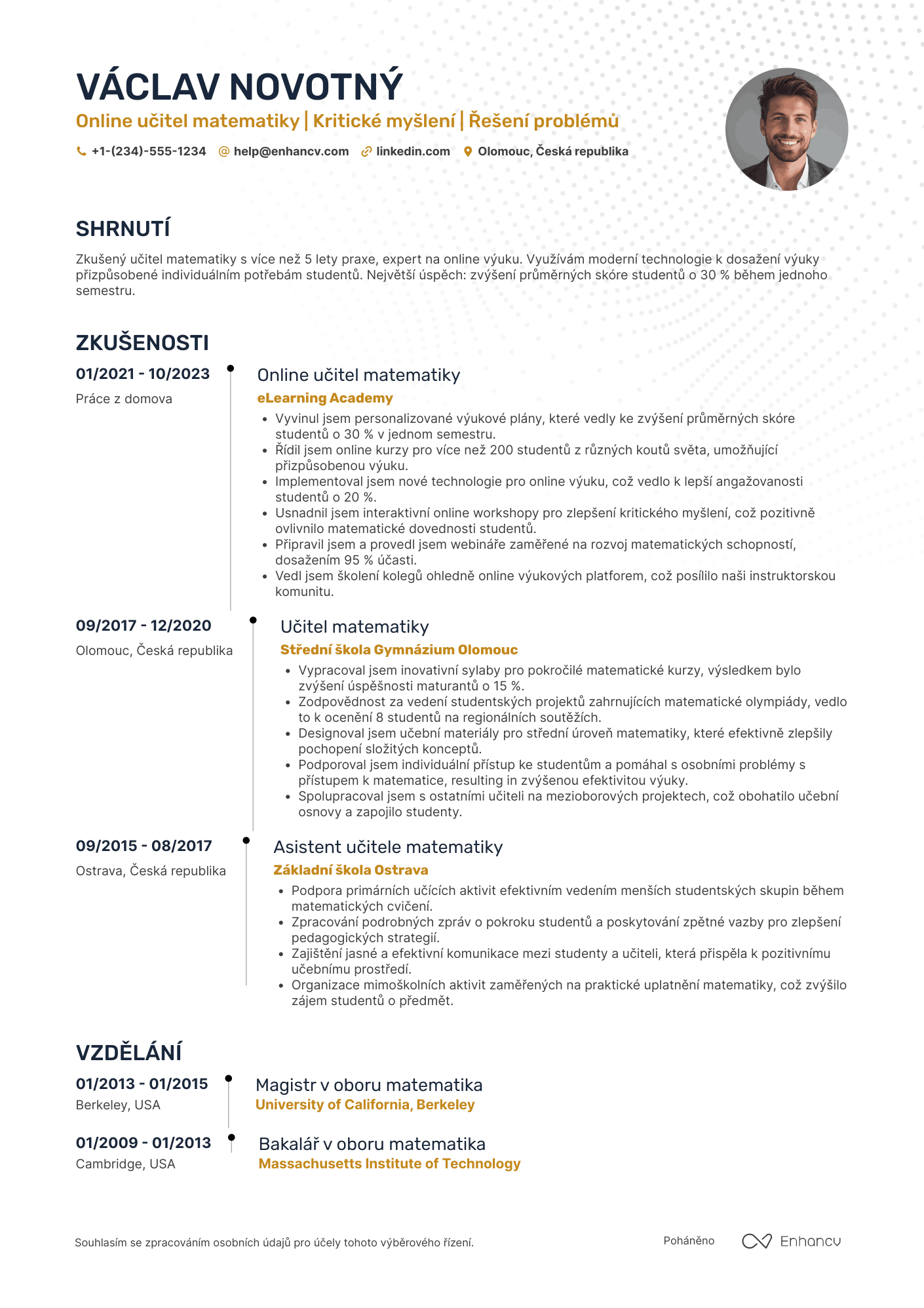 Životopis pro Online učitel matematiky Resume Example