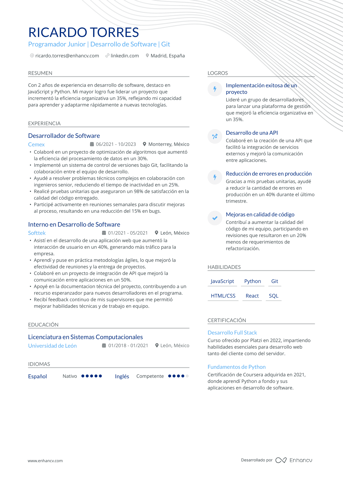 Programador Junior Resume Example