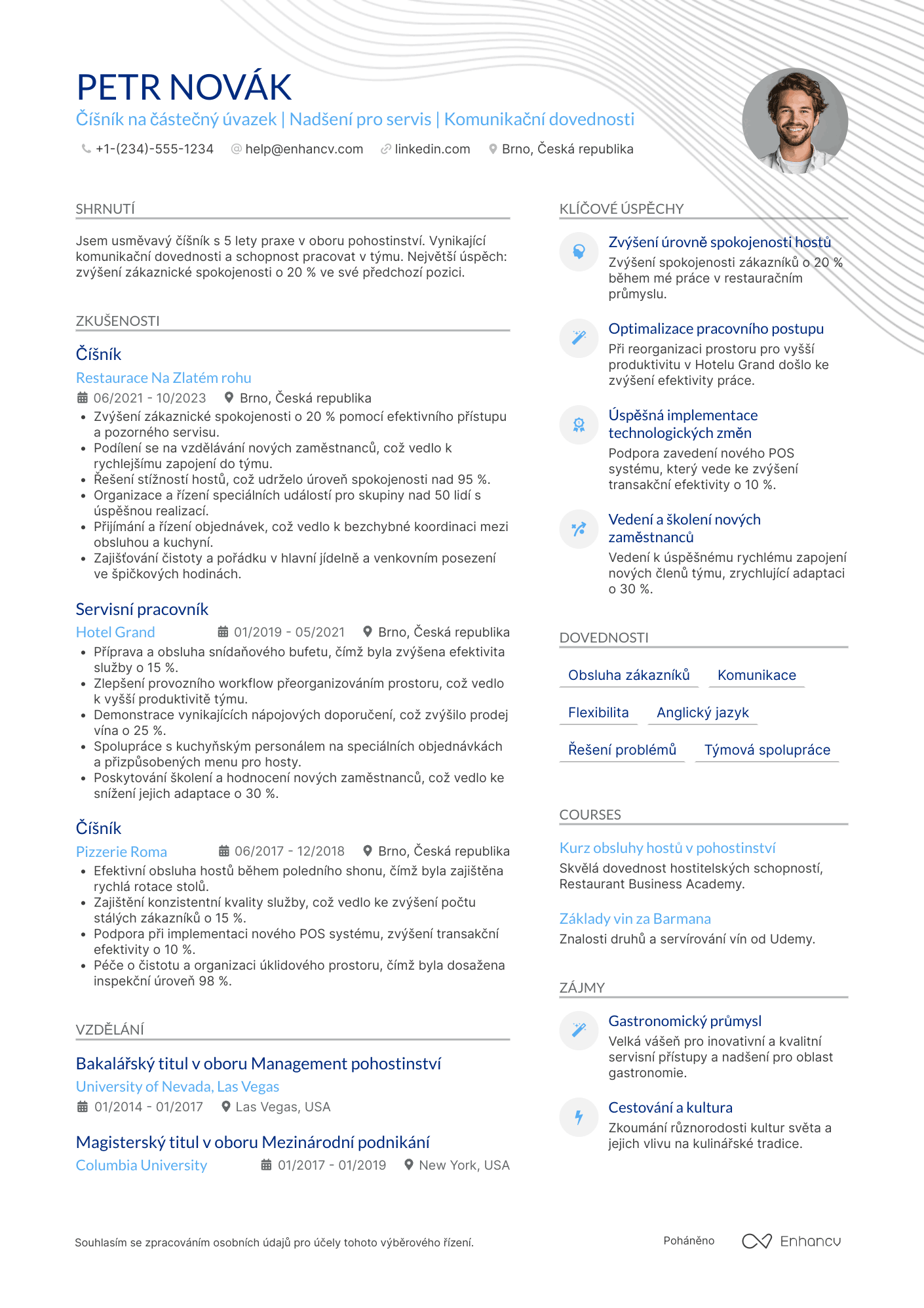 Životopis pro Číšník na částečný úvazek Resume Example