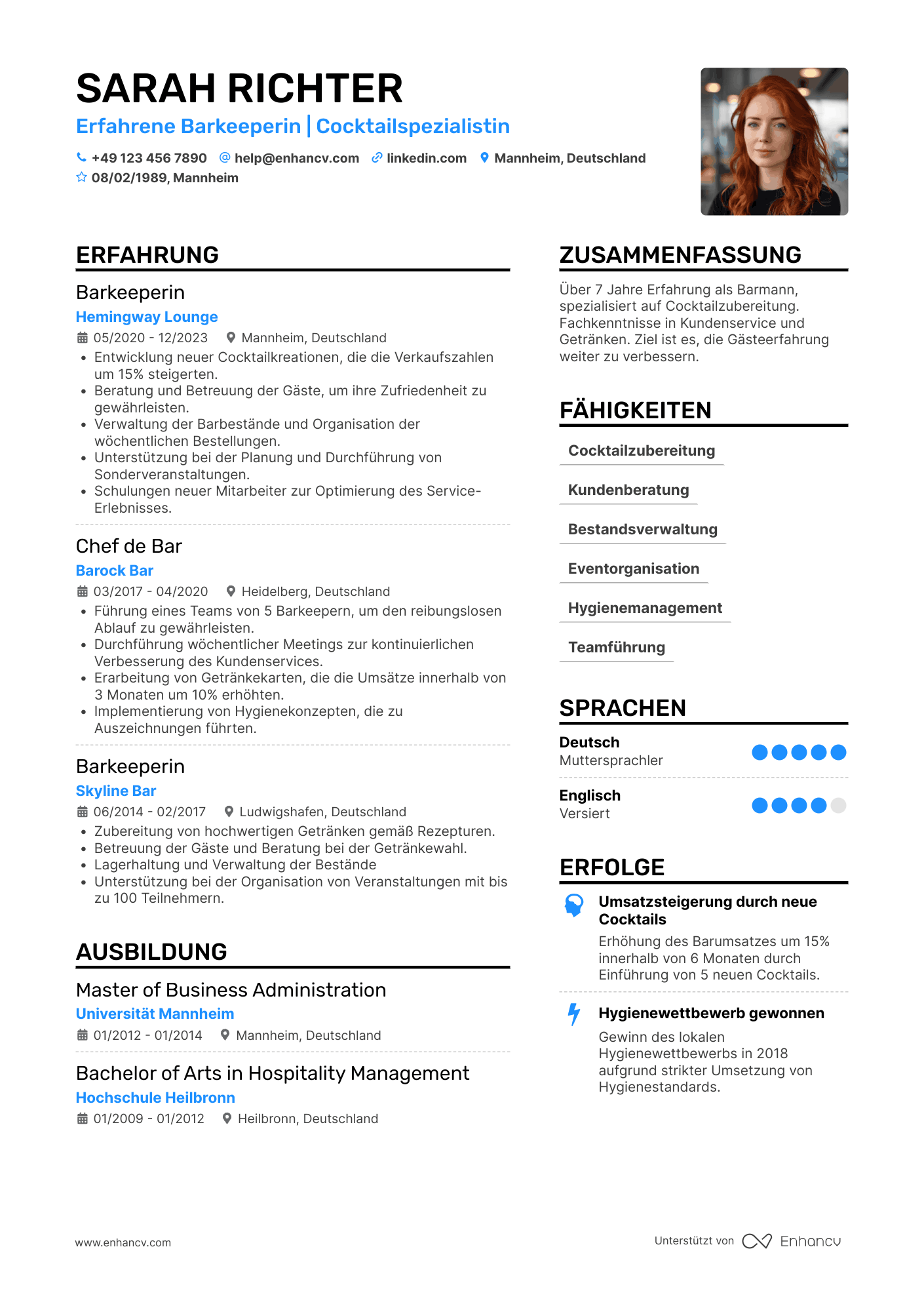 Lebenslauf als Barmann für Lounge Resume Example