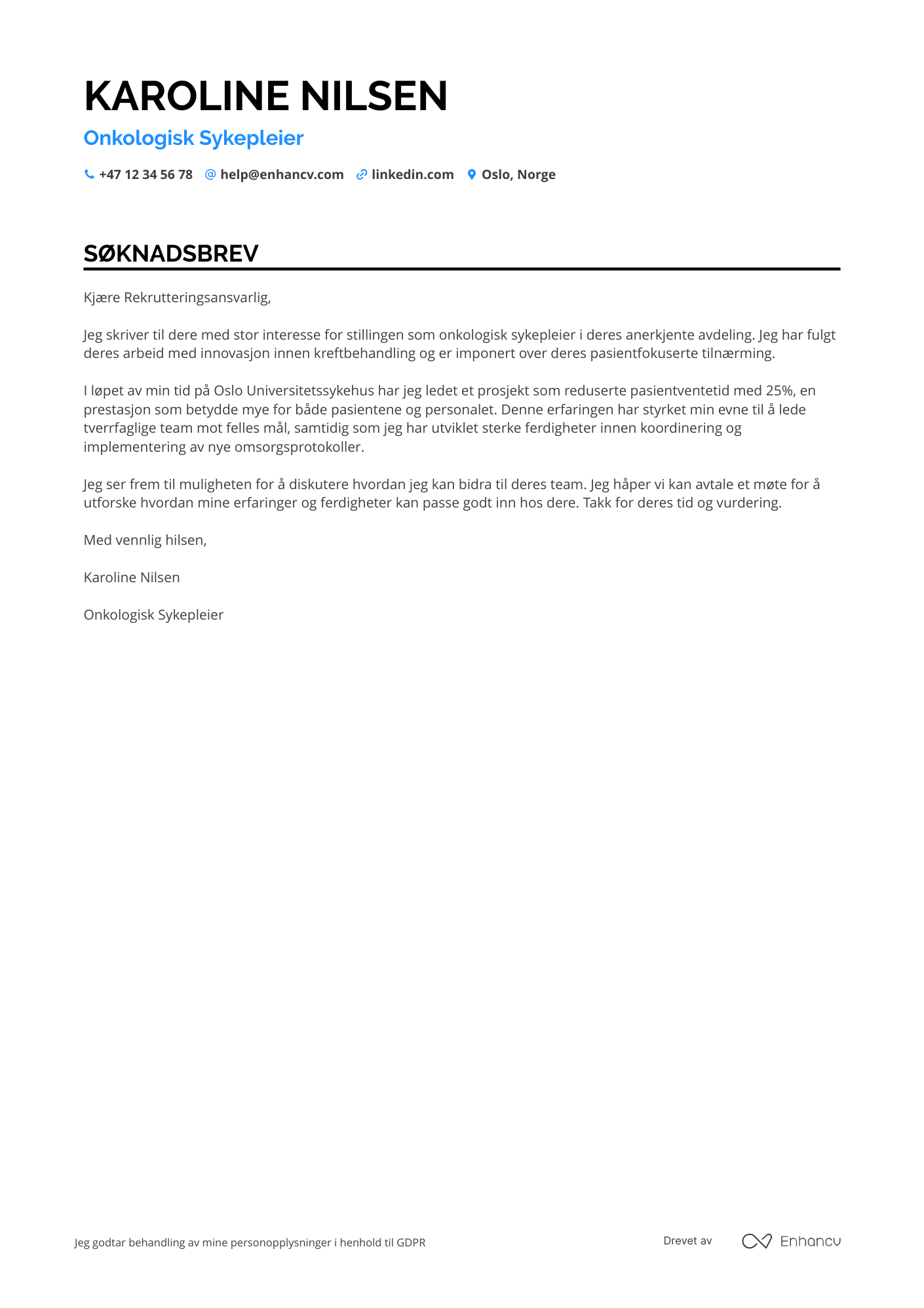 Søknadsbrev for Onkologisk Sykepleier Resume Example