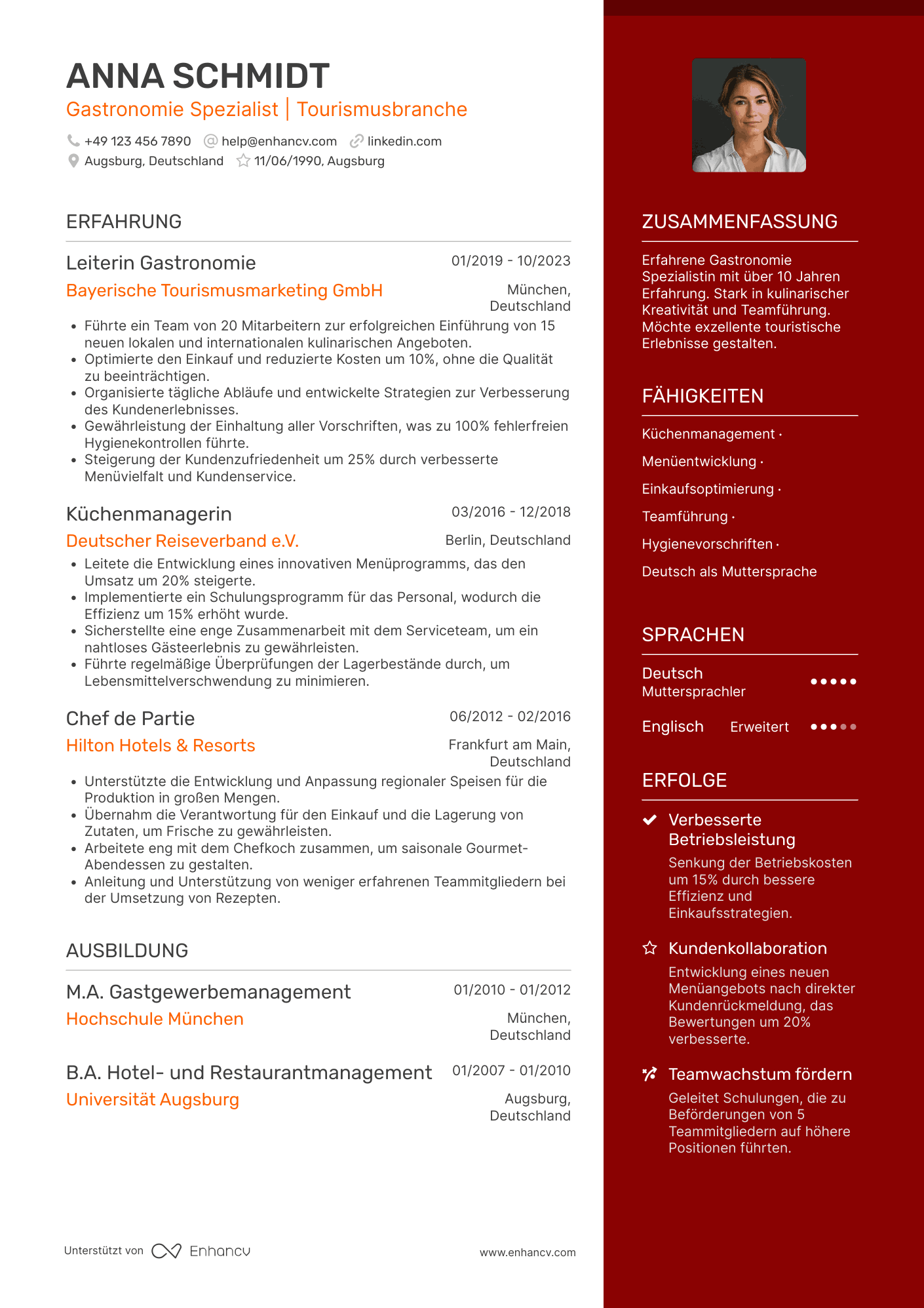 Lebenslauf in Gastronomie in der Tourismusbranche Resume Example