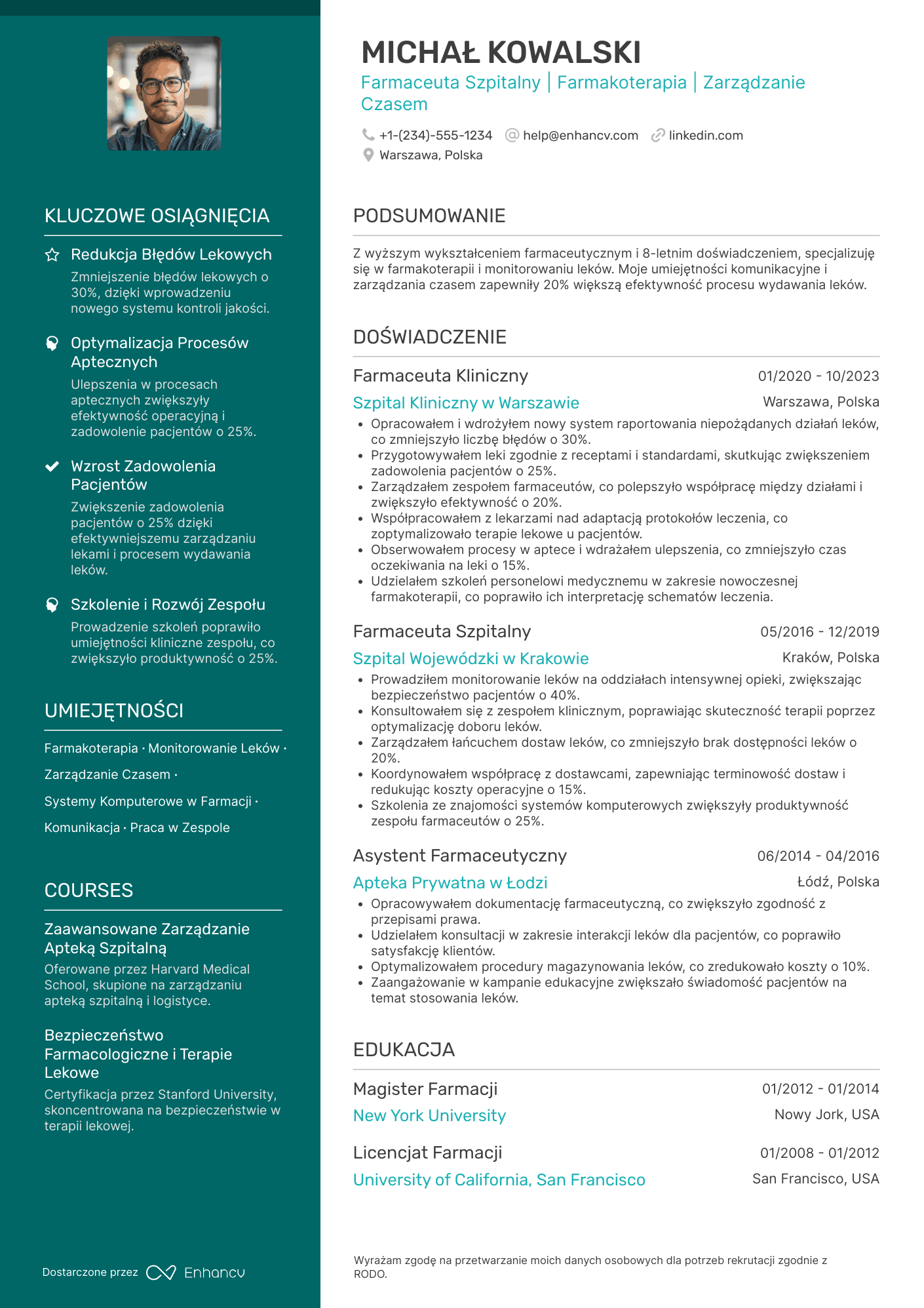 CV dla Farmaceuta Szpitalny Resume Example
