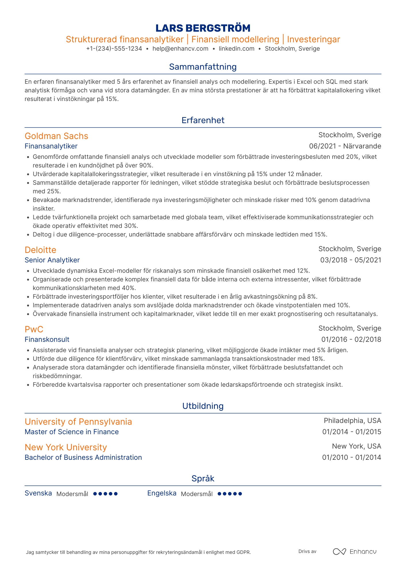 CV för Strukturerad finansanalytiker Resume Example