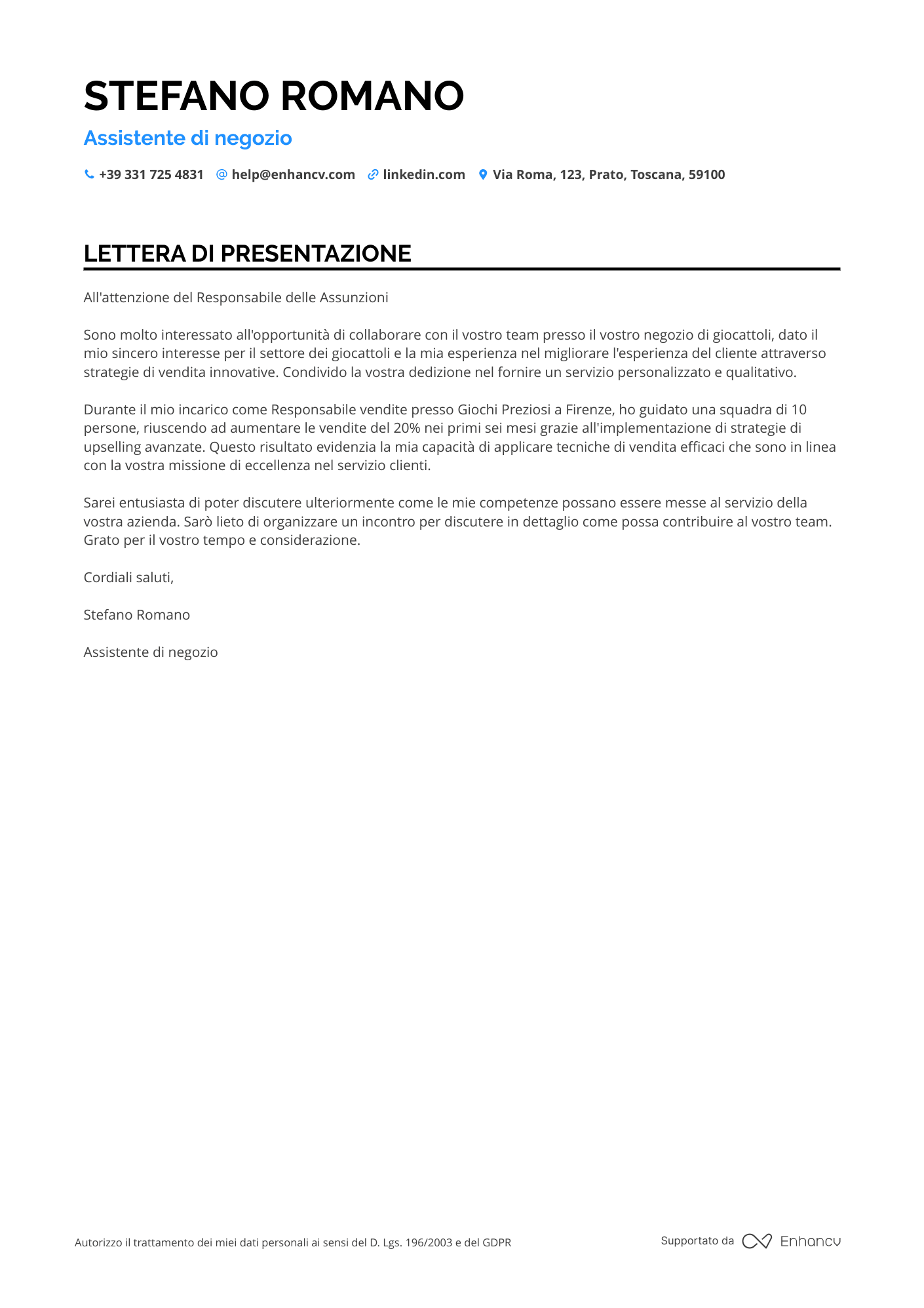 Commessa per Negozio di Giocattoli Resume Example